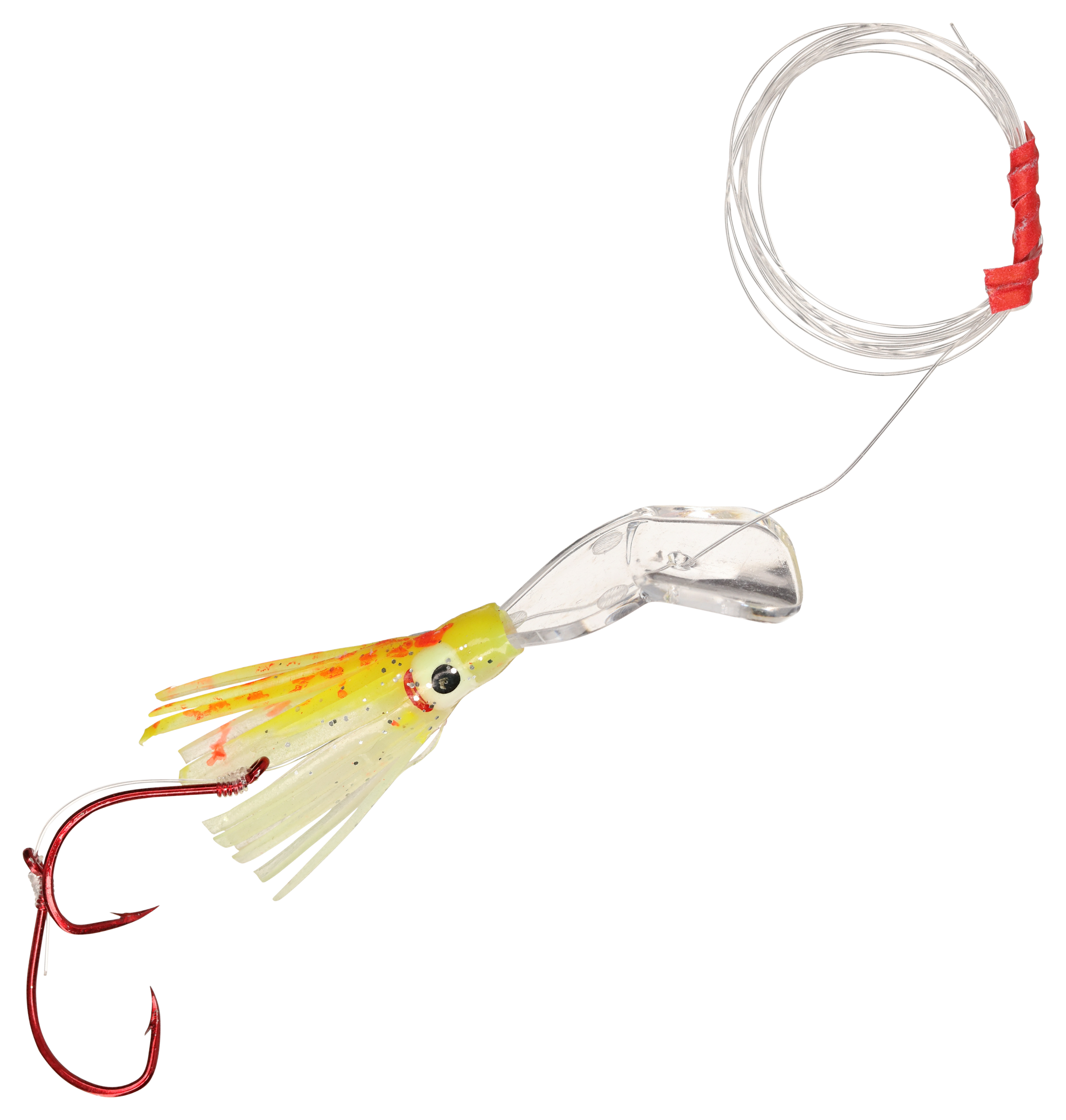 Macks Lure Pee Wee Wiggle Hoochie Rig - UV Chartreuse/Orange Spatter Glow