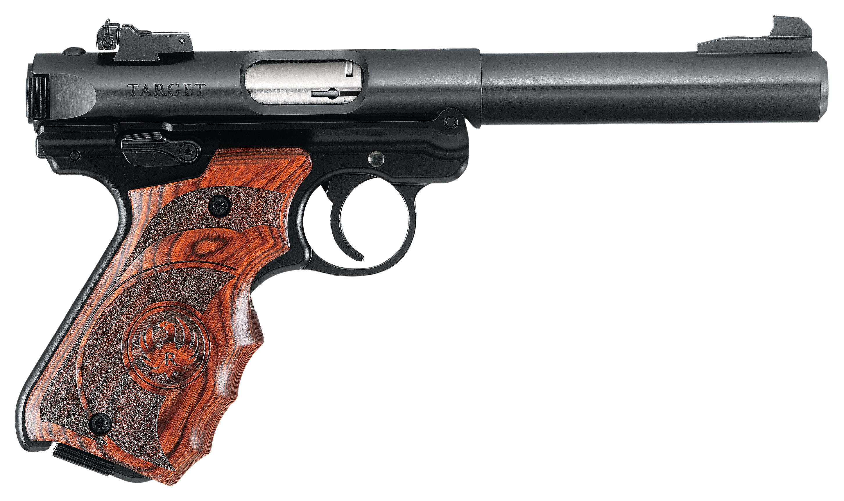 Ruger Mark IV Target SemiAuto Rimfire Pistol with Bull Barrel and Wood Laminate Grips