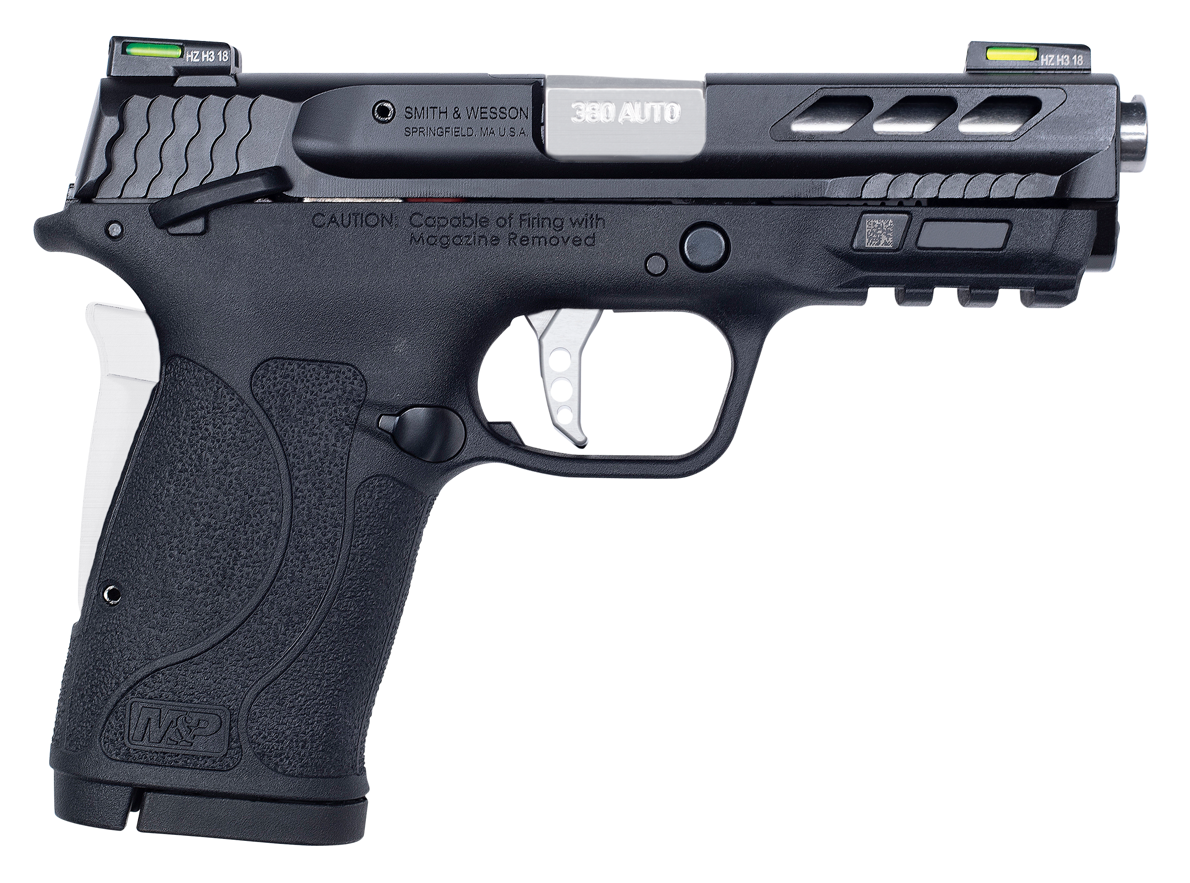 Image of Smith &Wesson M&ampP Shield EZ Ported-Barrel Semi-Auto Pistol with Manual Thumb Safety - .380 Auto Colt Pistol - Silver