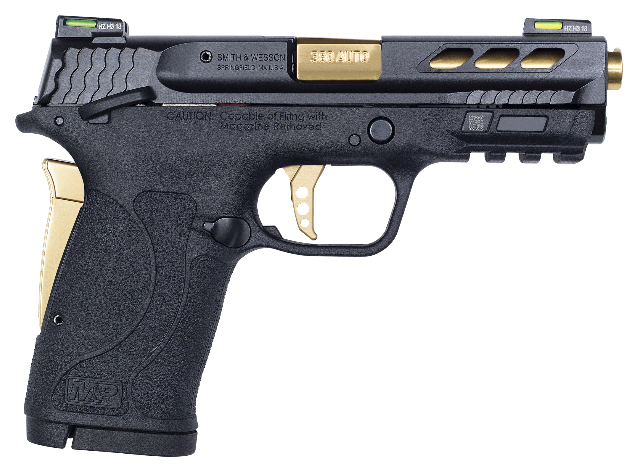 Image of Smith &Wesson M&ampP Shield EZ Ported-Barrel Semi-Auto Pistol with Manual Thumb Safety - .380 Auto Colt Pistol - Titanium Gold