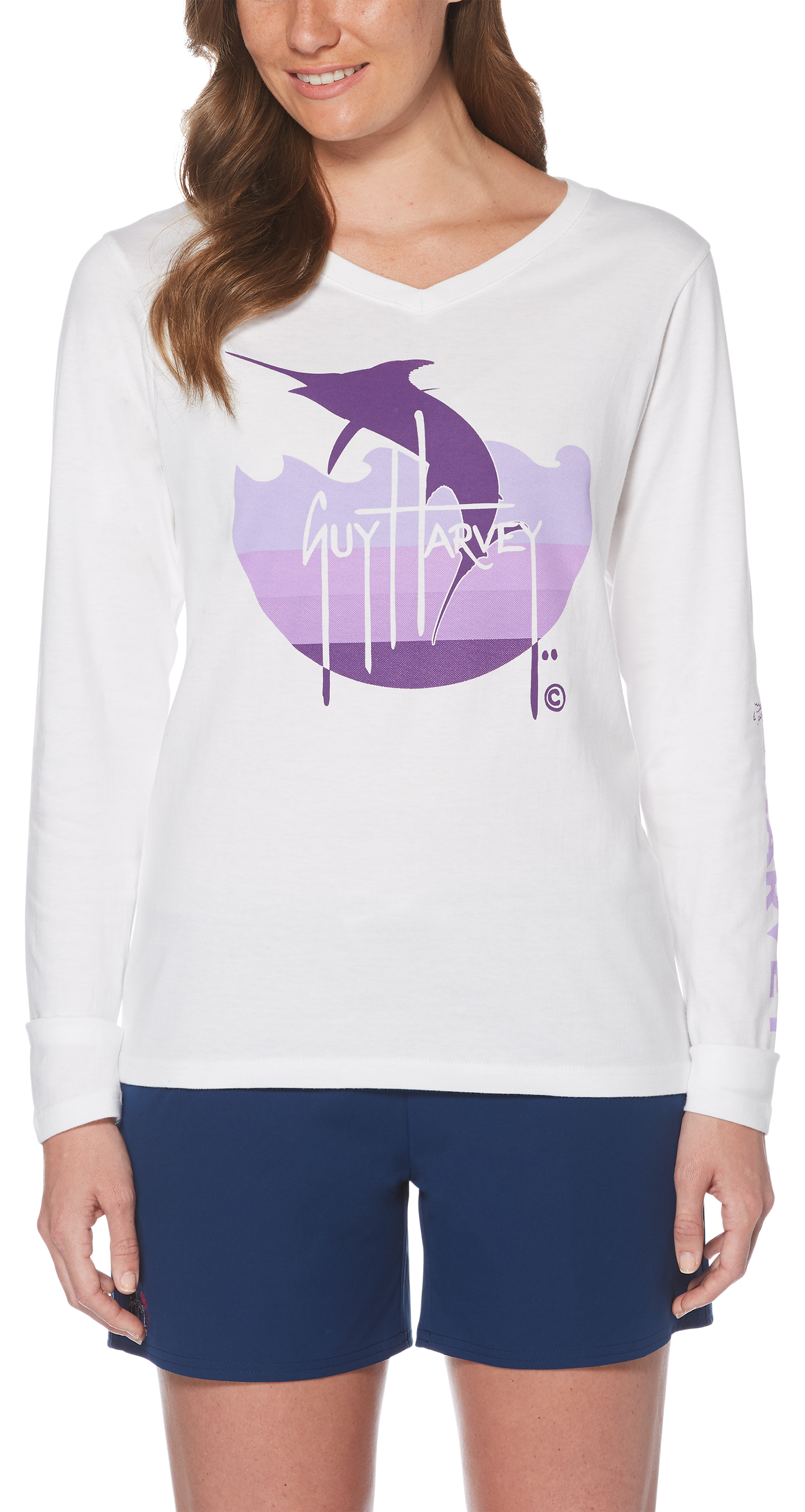 Guy Harvey Marlin Wave Long-Sleeve V-Neck Shirt for Ladies - Bright White -