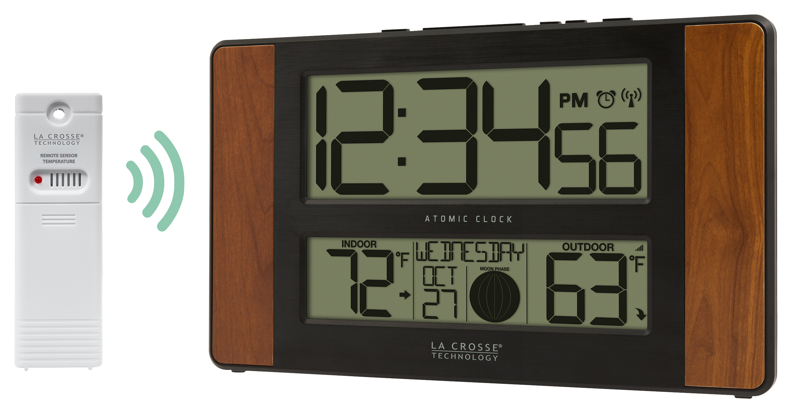 La Crosse Atomic Digital Clock with Temperature and Moon Phase - Cherry Finish