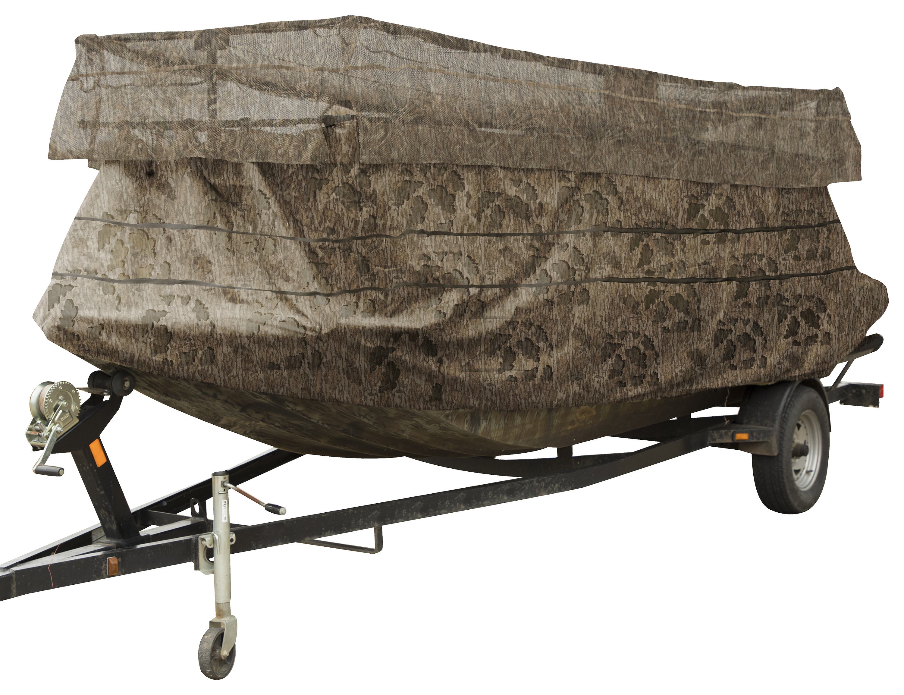 Drake Waterfowl Ghillie Boat Blind with No Shadow Dual Action Top - Mossy Oak Bottomland - Drake Waterfowl