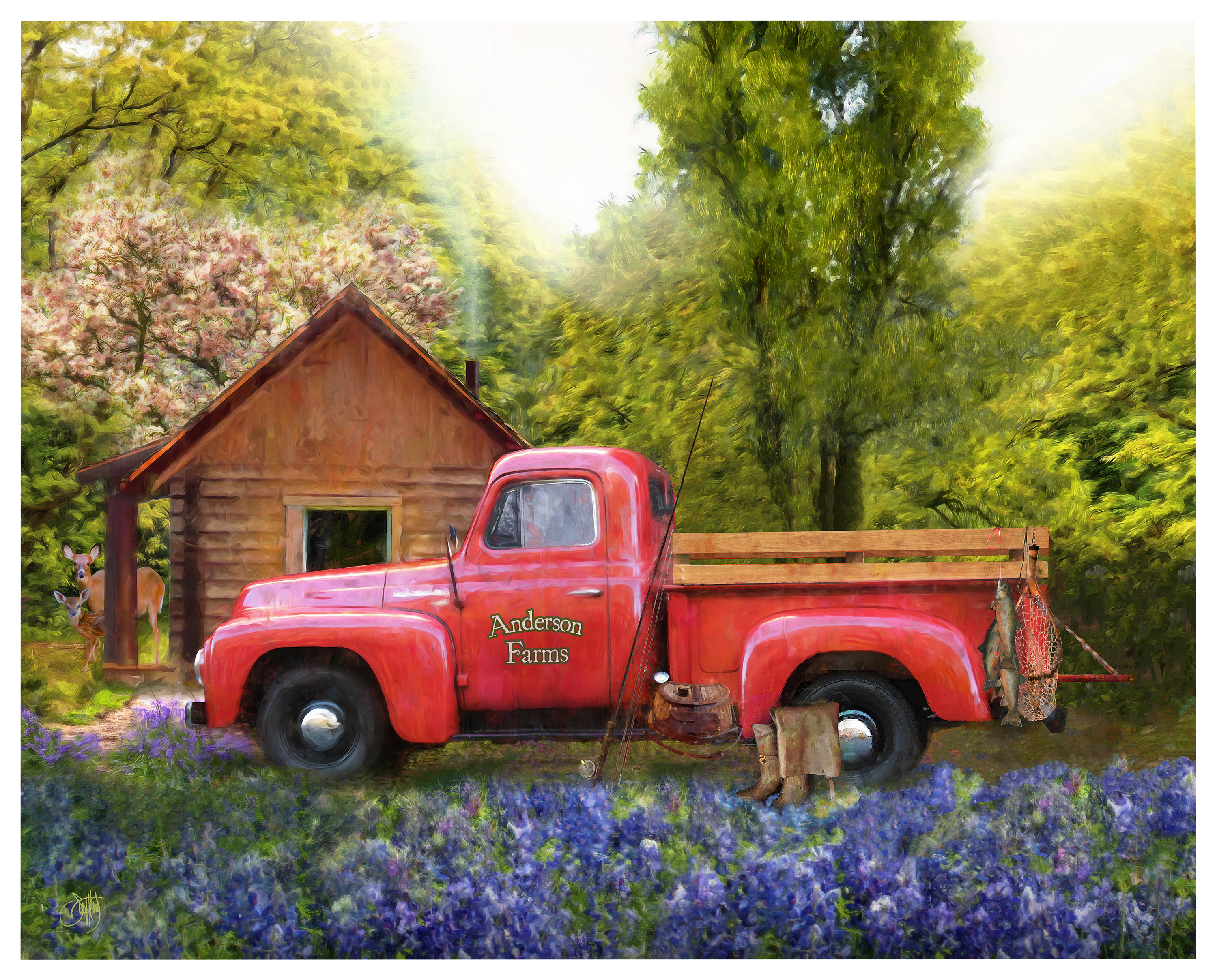 Image of Nostalgic Red Truck Fishing Personalized Block Mount Artwork by Scott Kennedy - 11' x 14'