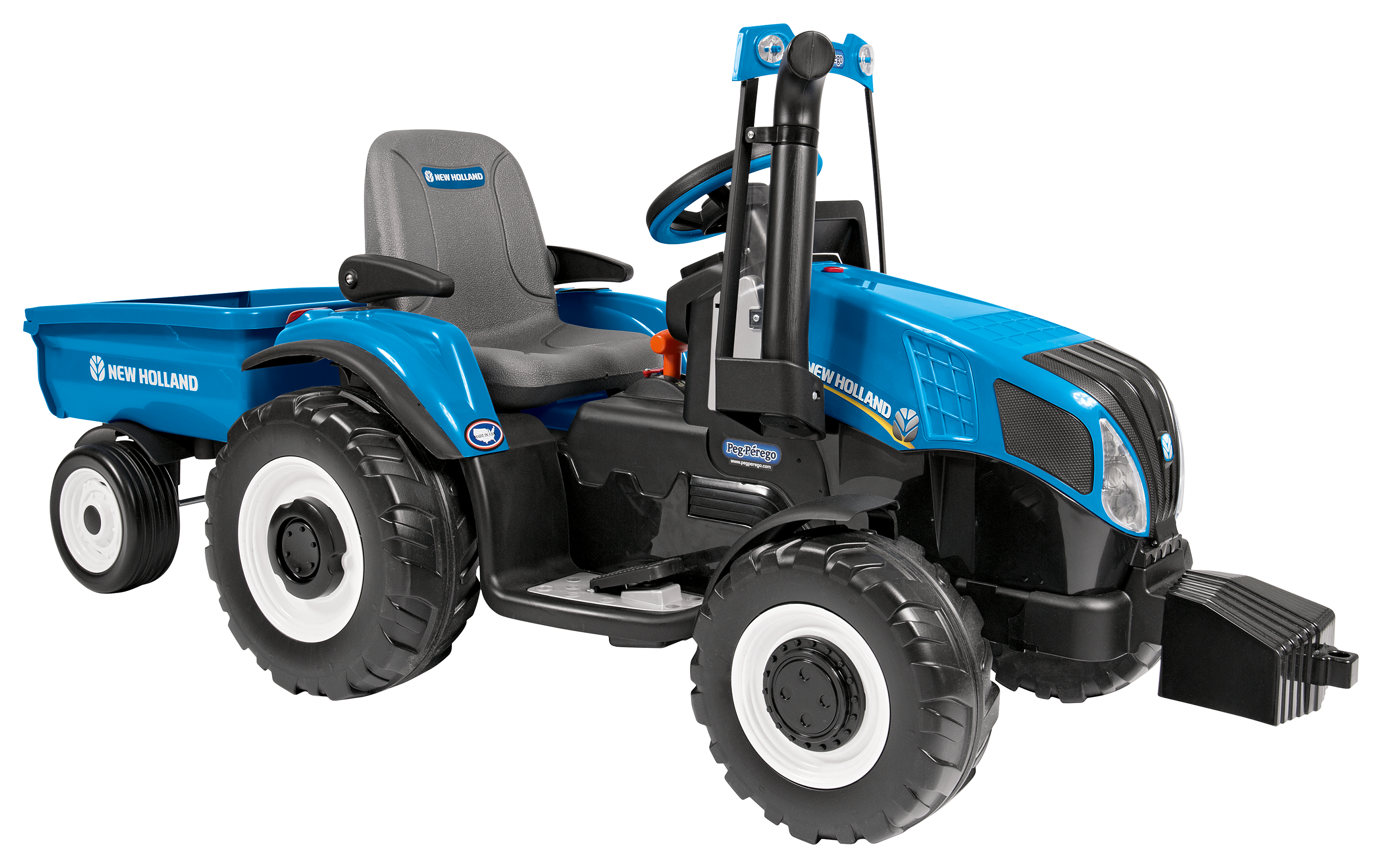 Peg Perego New Holland T8 Tractor Battery-Powered Ride-On Vehicle with Trai