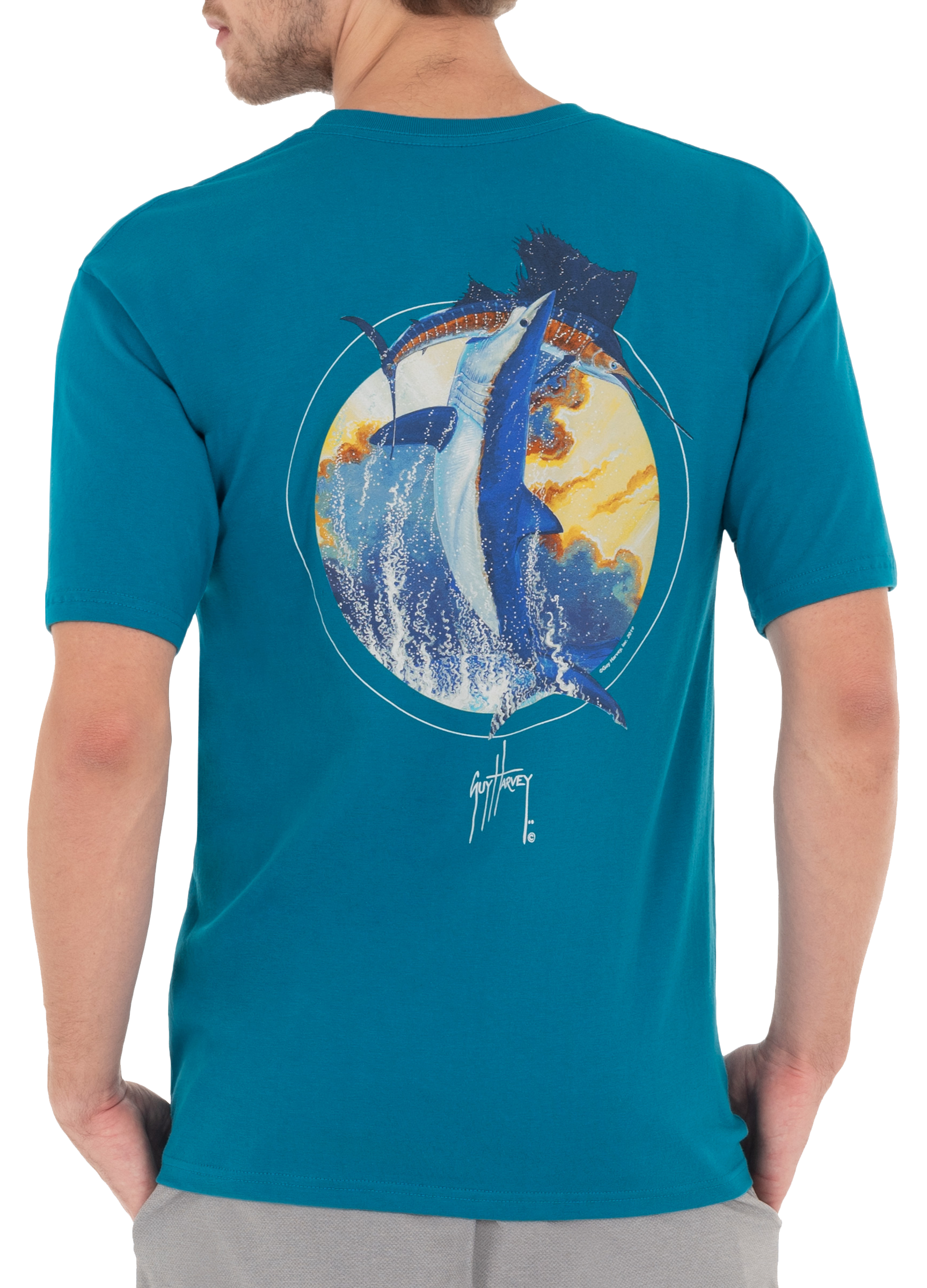 Guy Harvey Mako Power Short-Sleeve Pocket T-Shirt for Men - Caribbean Sea -