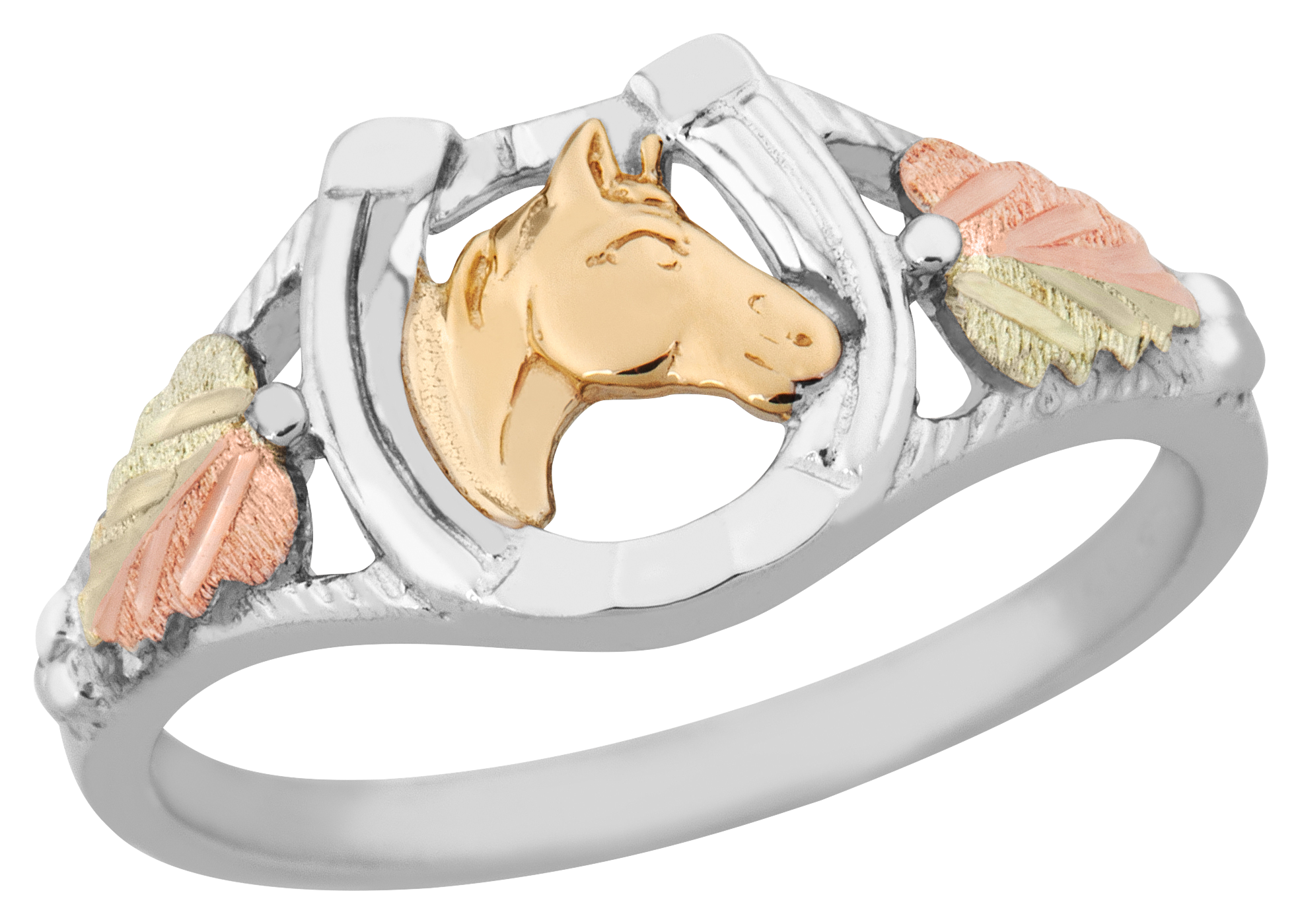Mt. Rushmore Black Hills Gold and Sterling Silver Horse and Horseshoe Ring 