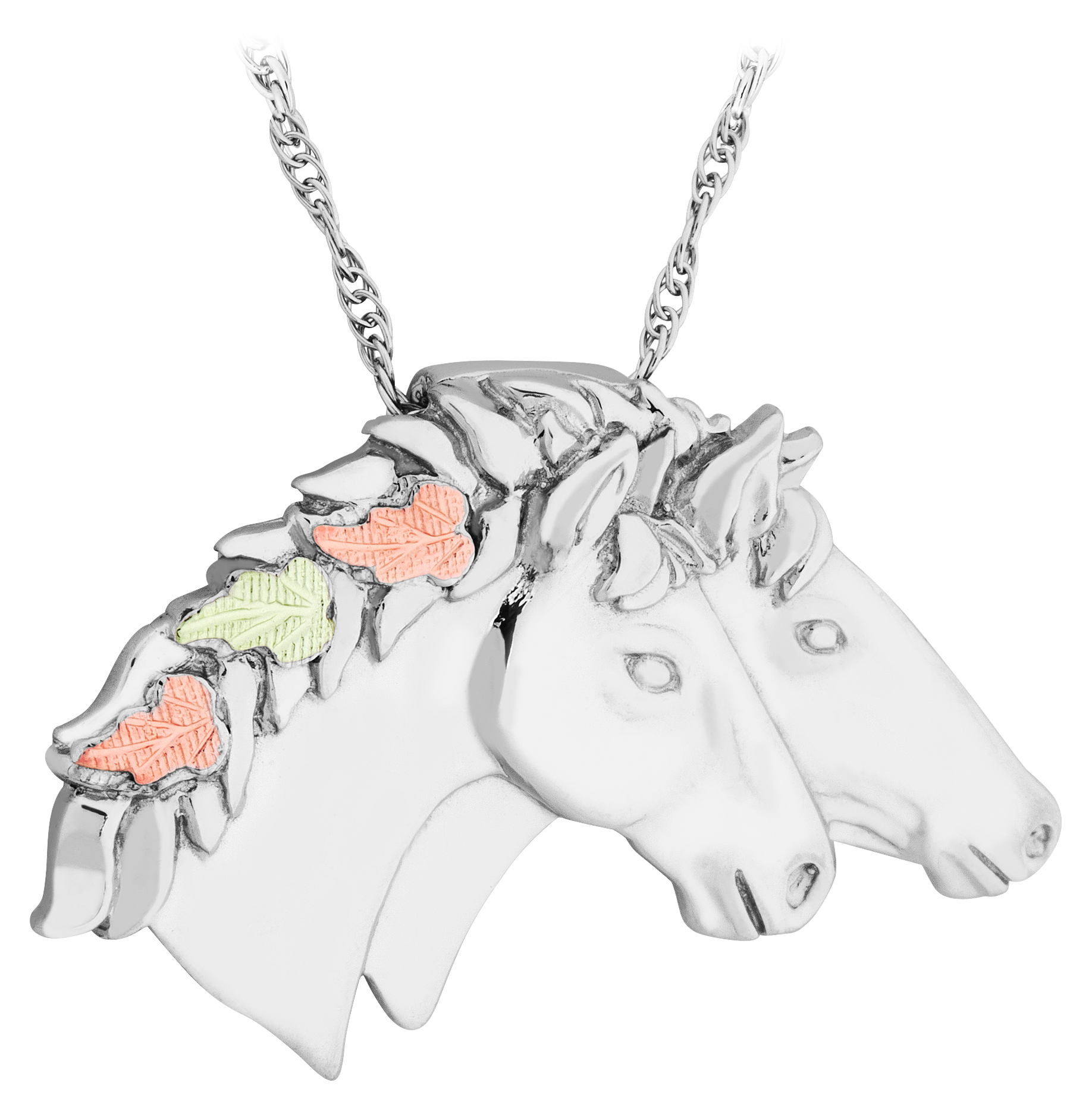 Mt. Rushmore Black Hills Gold on Sterling Silver Two Horses Pendant Necklac