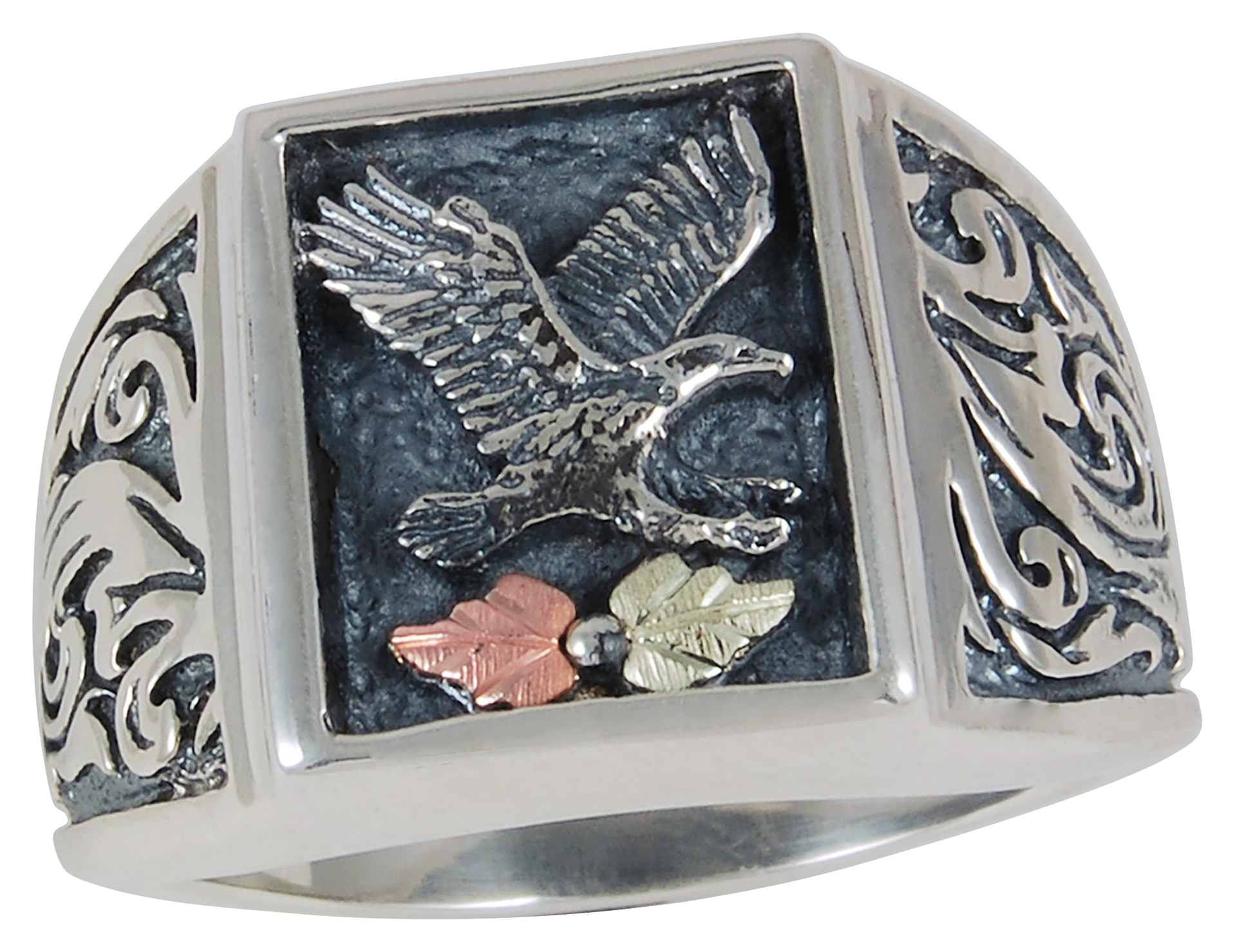 Black Hills Gold Engraved Eagle Gold on Sterling Silver Ring for Men - 11