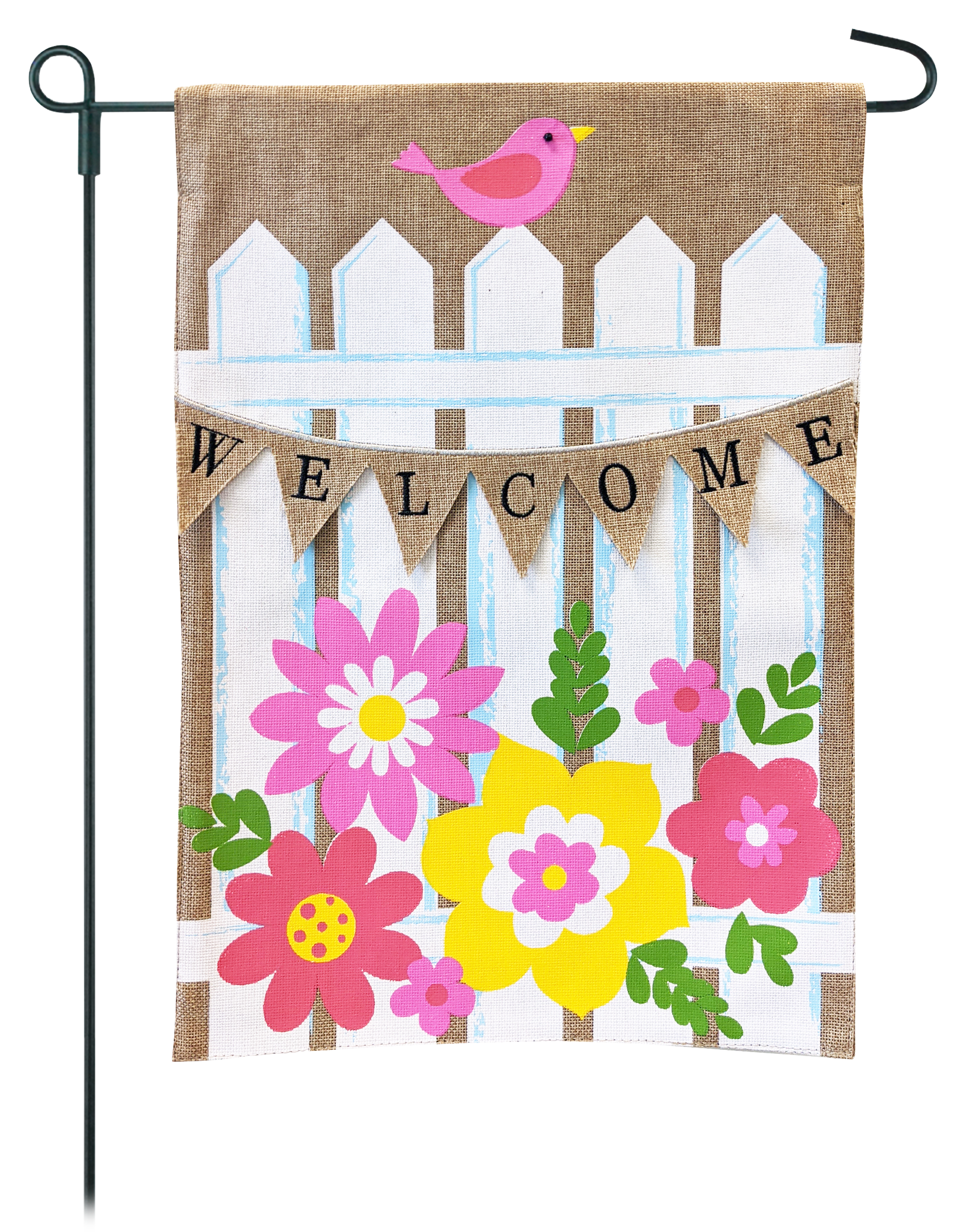 JEC Home Goods Welcome Picket Fence 2-Sided Burlap Garden Flag