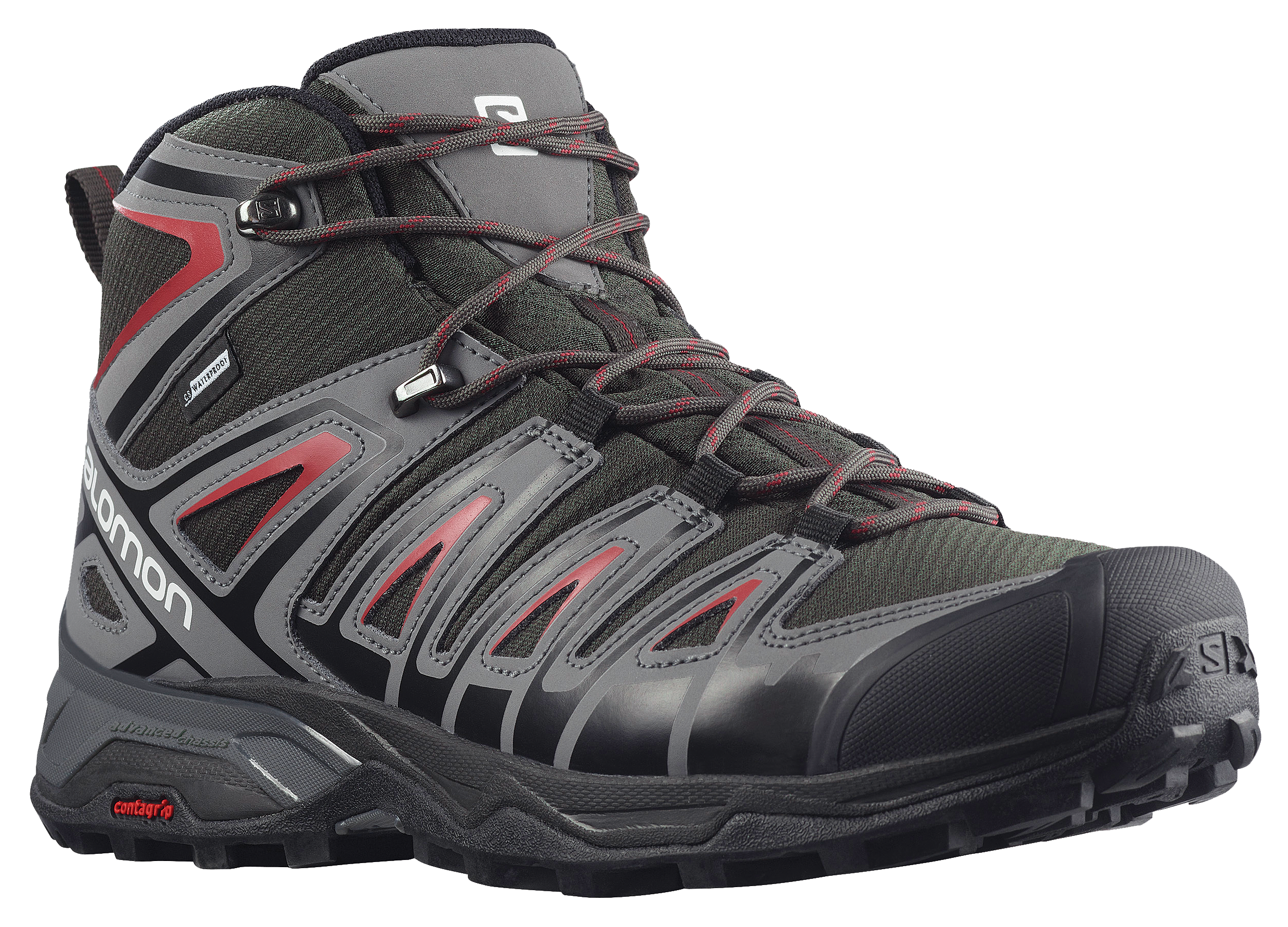 Image of Salomon X Ultra Pioneer Mid Waterproof Hiking Shoes for Men - Peat/Quiet Shade/Biking Red - 8M