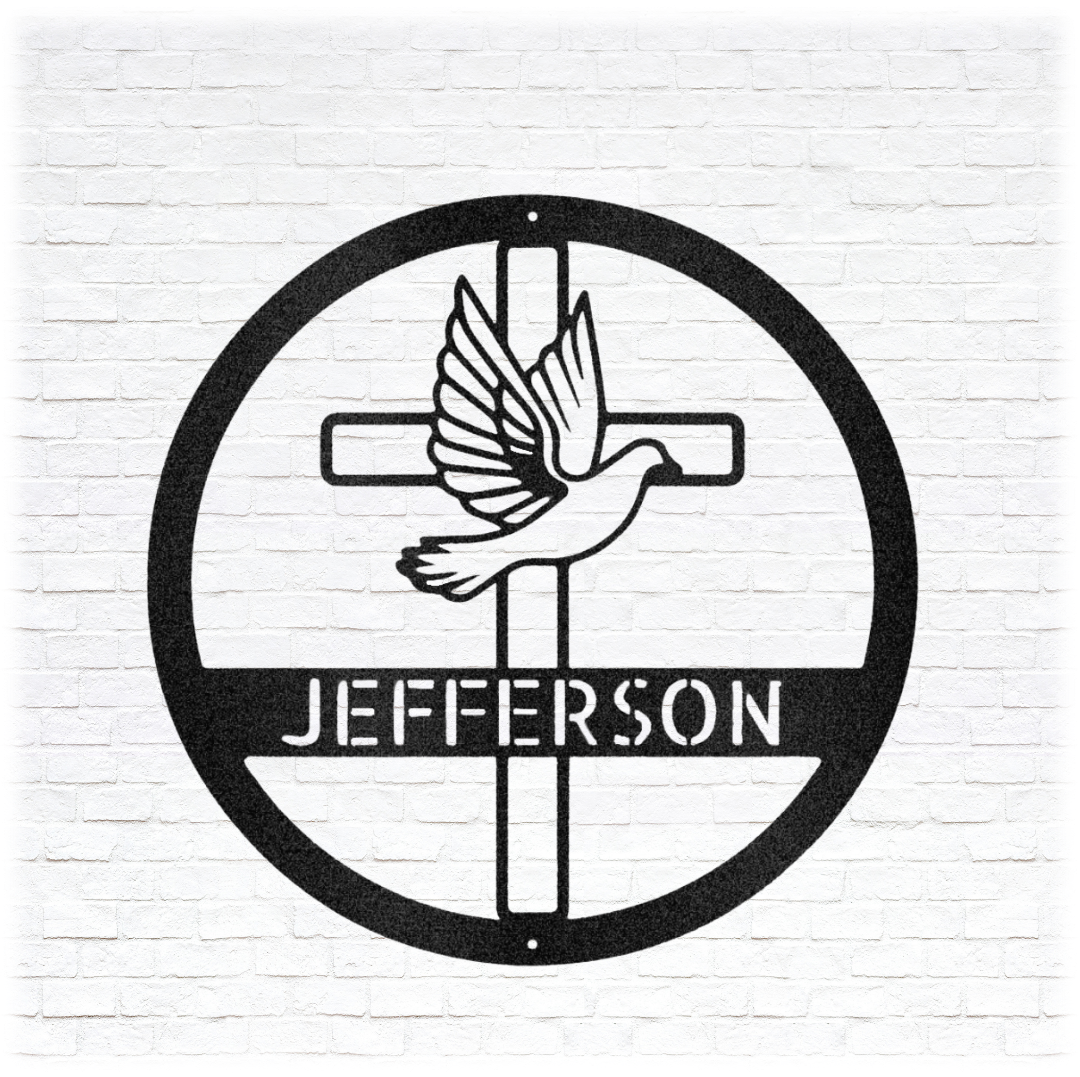 Metal Unlimited Dove and Cross Monogram Personalized Steel Sign