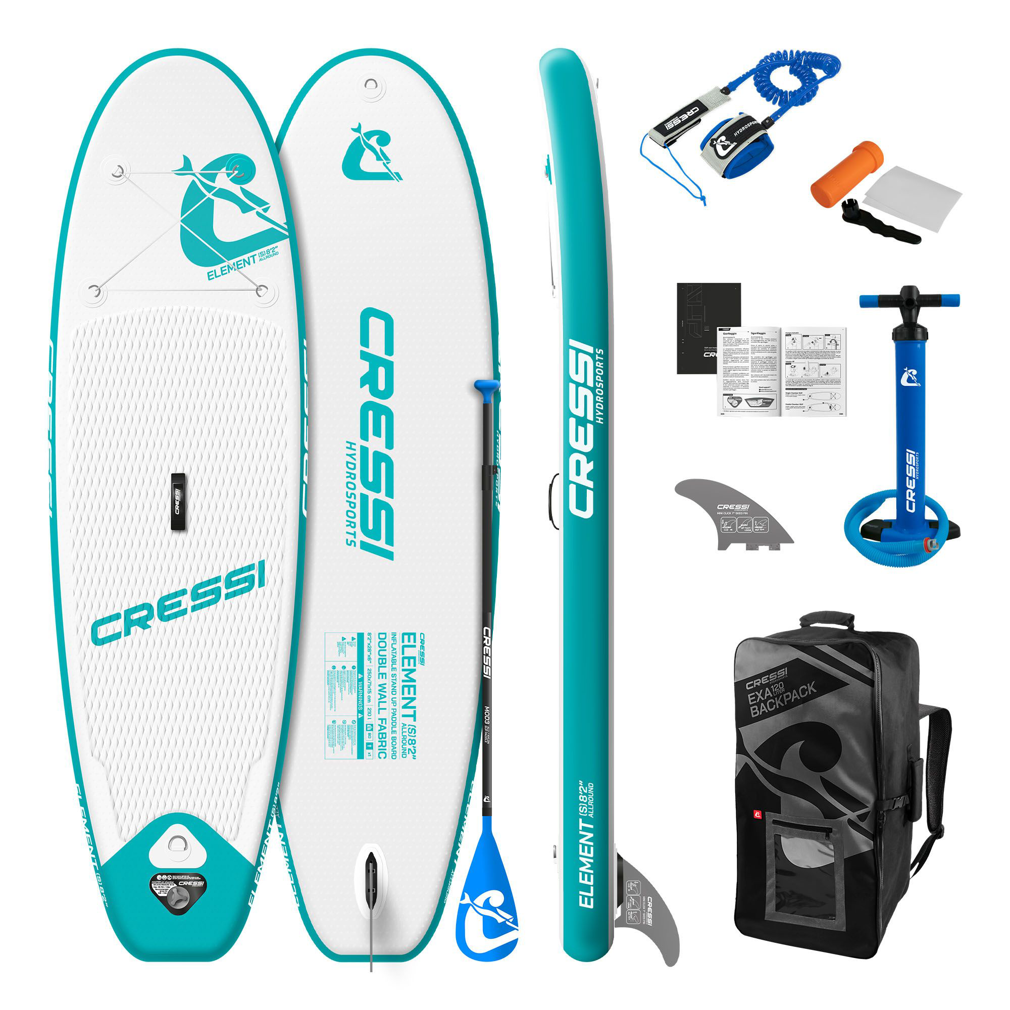 Image of Cressi Element Inflatable Stand-Up Paddleboard Set - White/Aqua - 8'2″