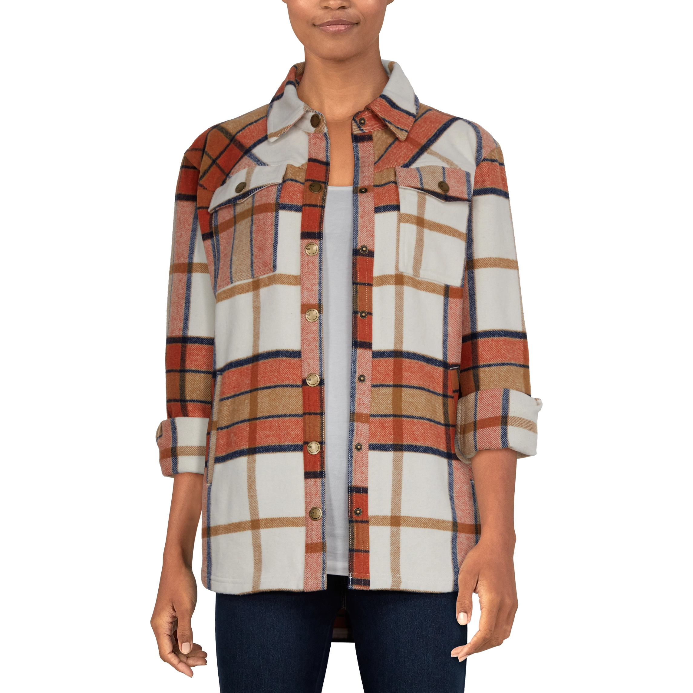 Natural Reflections Plaid Snap-Down Long-Sleeve Shirt Jacket for Ladies - Egret Plaid - 1X product image