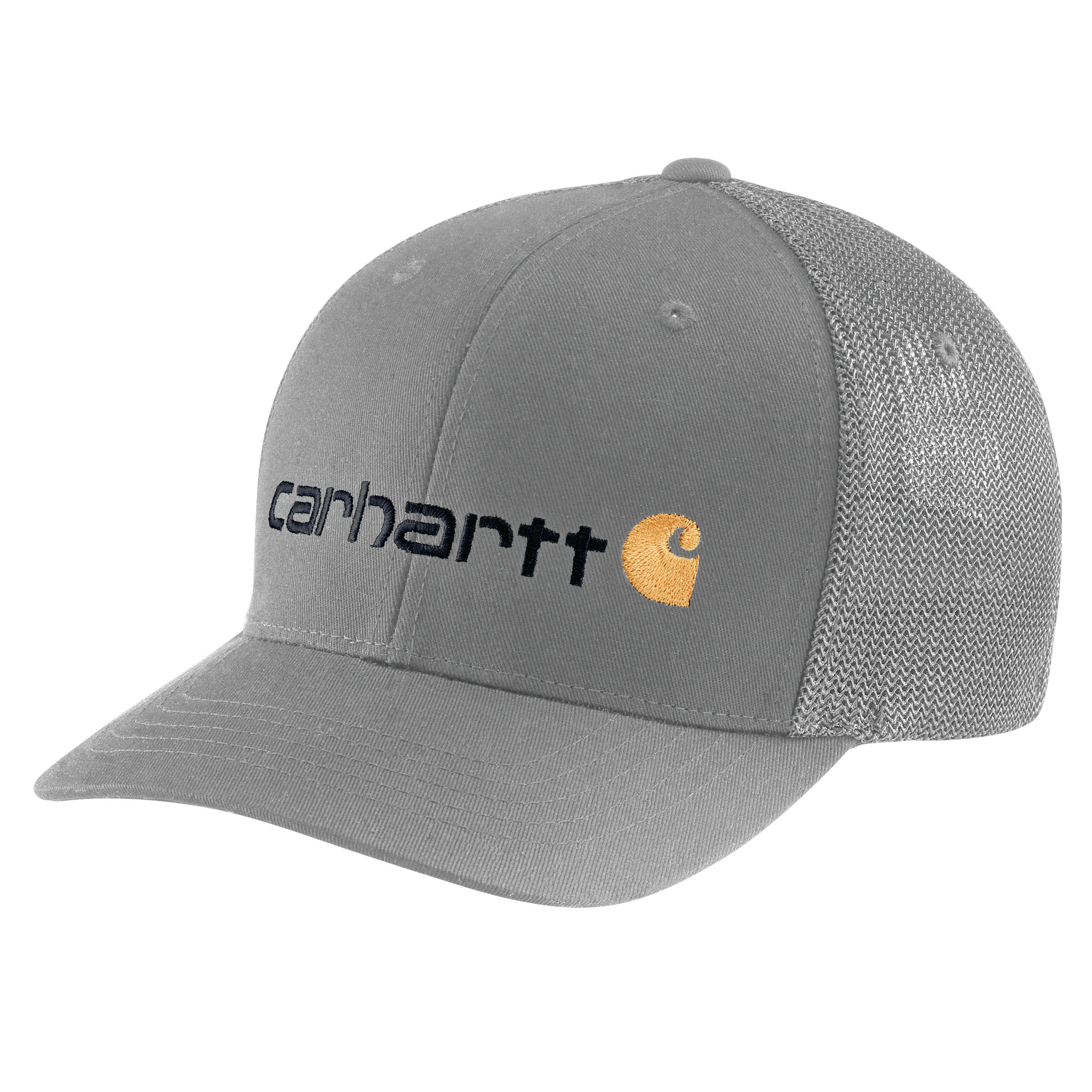 Image of Carhartt Rugged Flex Canvas Logo Graphic Mesh-Back Fitted Cap - Asphalt - M/L