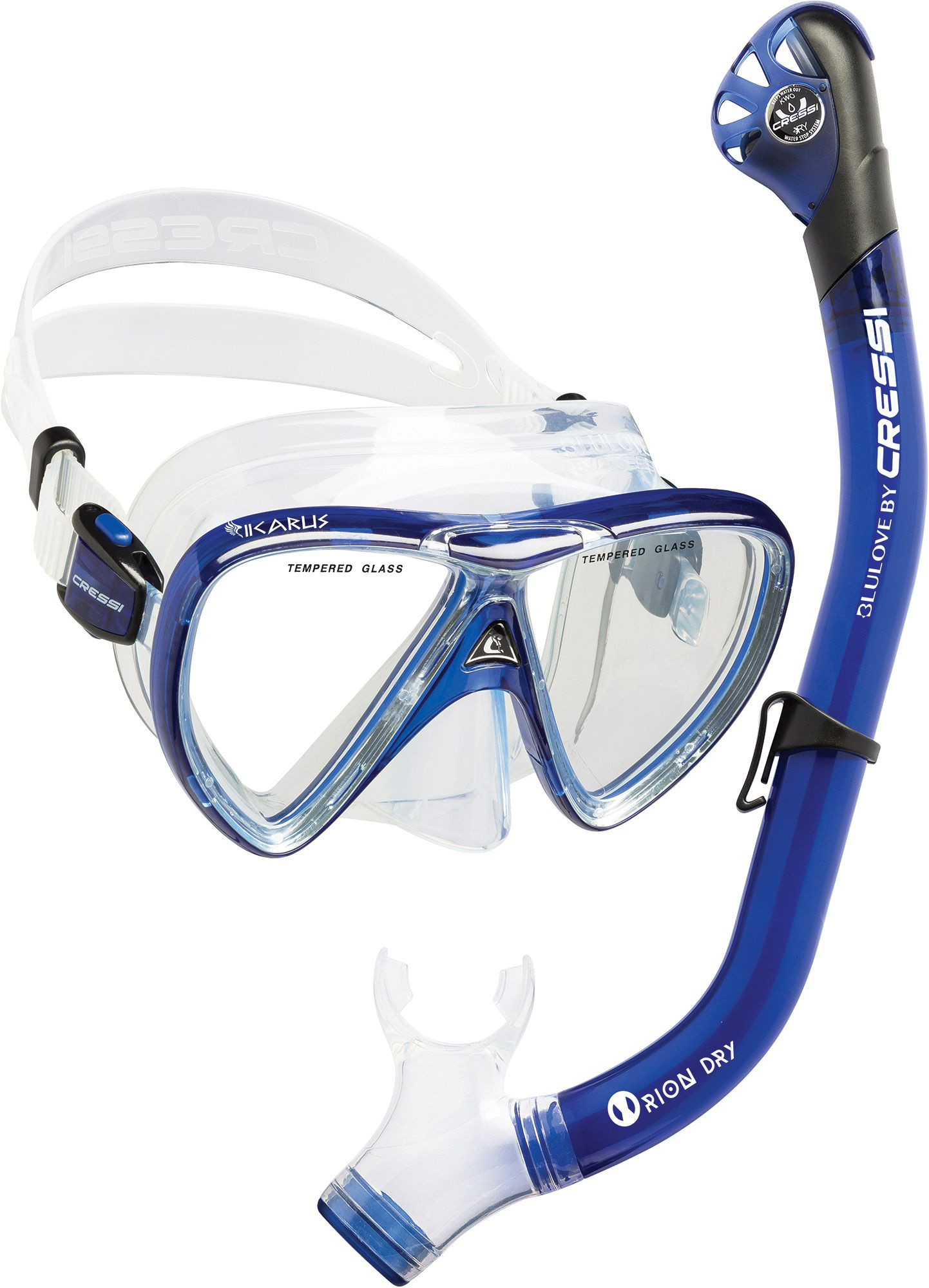 Cressi Ikarus &Orion Dry Mask and Dry Snorkel Set Combo - Clear/Cobalt