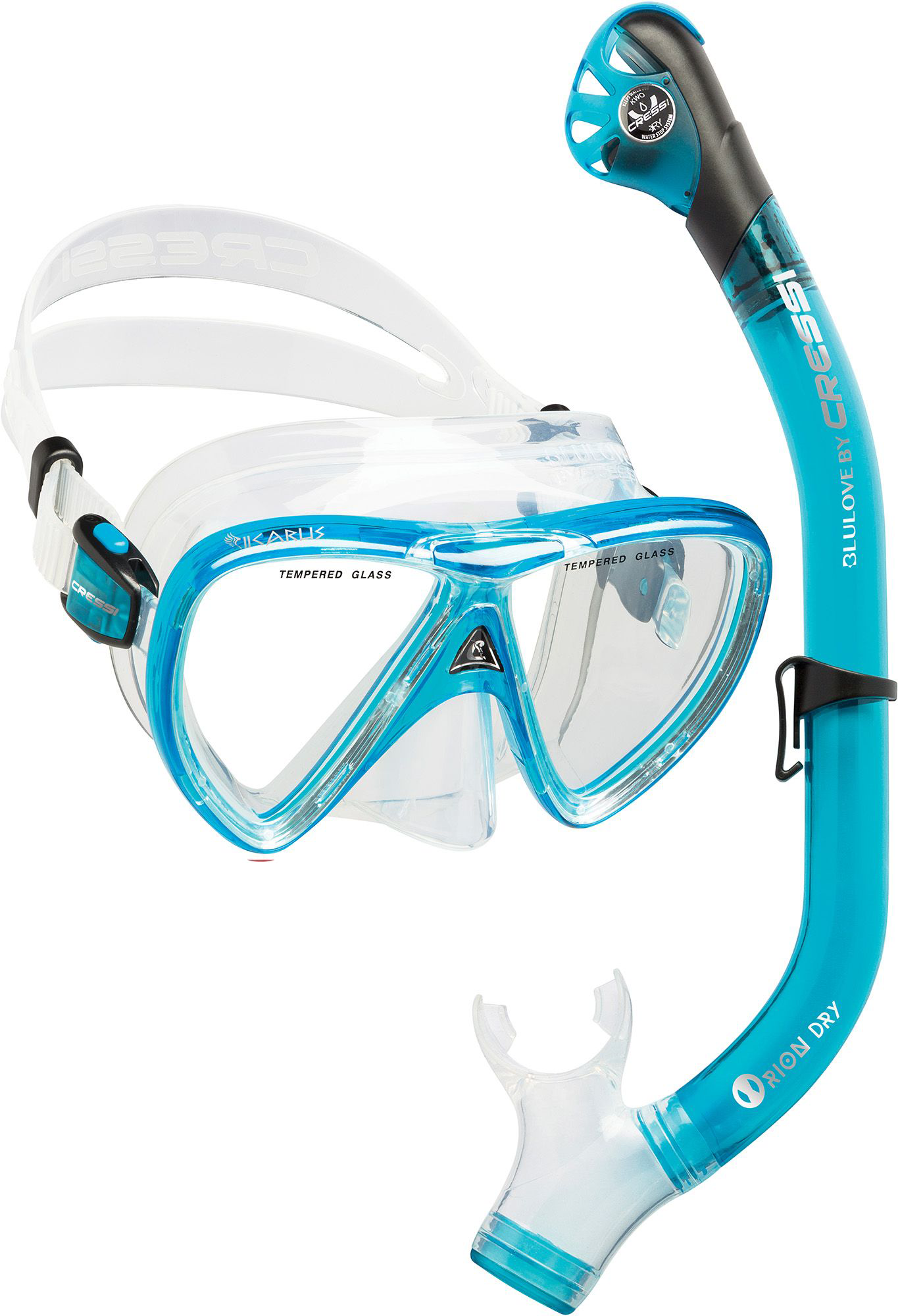 Cressi Ikarus &Orion Dry Mask and Dry Snorkel Set Combo - Clear/Aquamarine