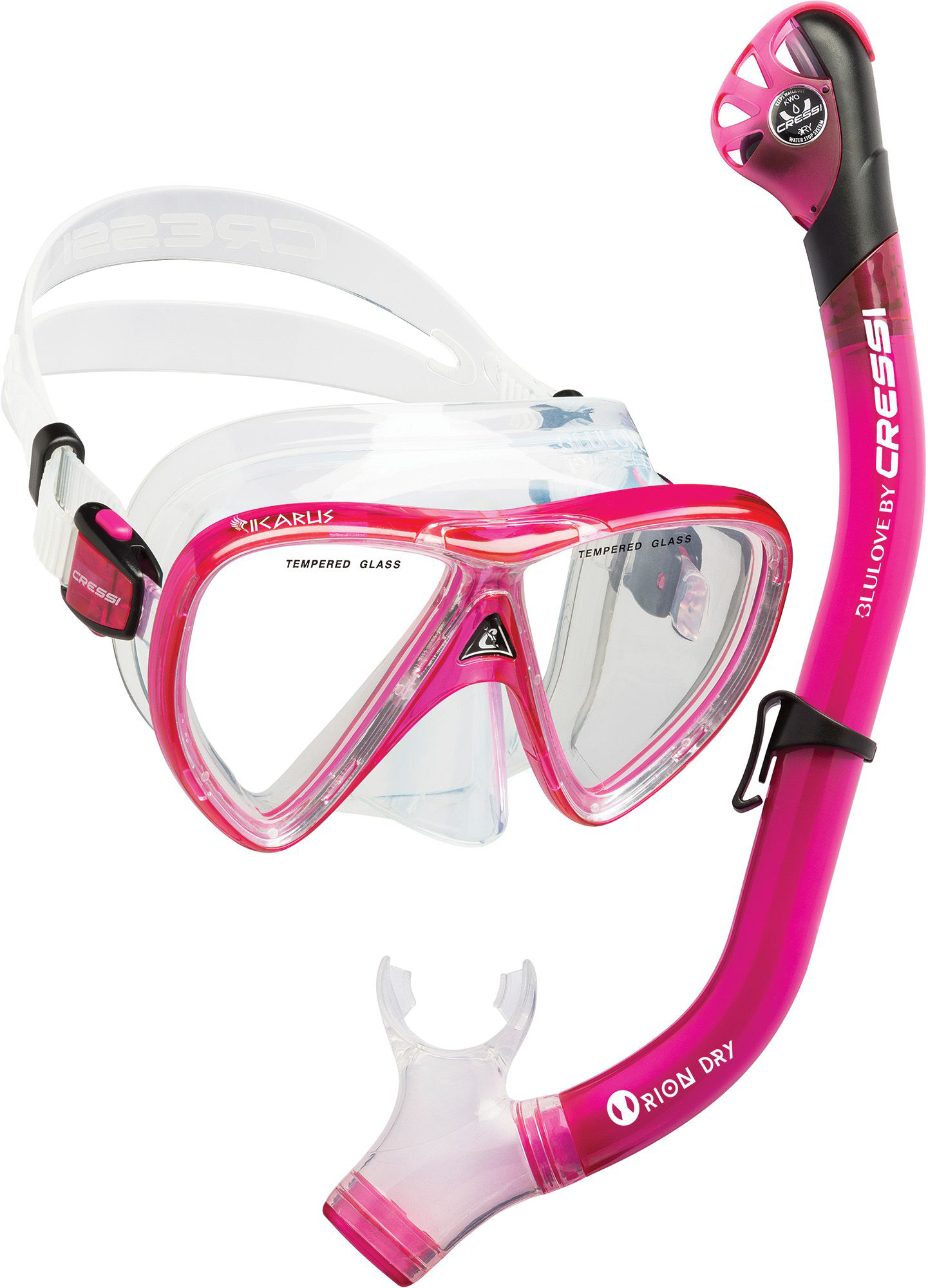 Cressi Ikarus &Orion Dry Mask and Dry Snorkel Set Combo - Clear/Pink
