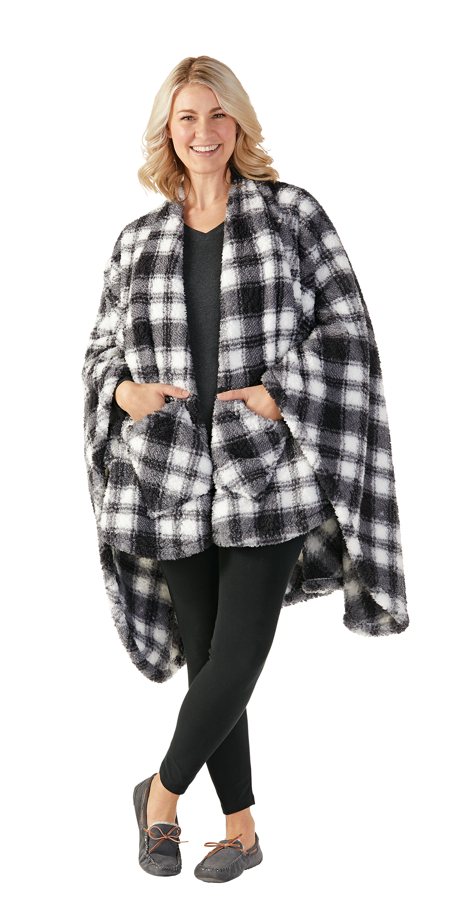 Image of White River Home Double-Sided Sherpa Wearable Throw - White/Black Plaid