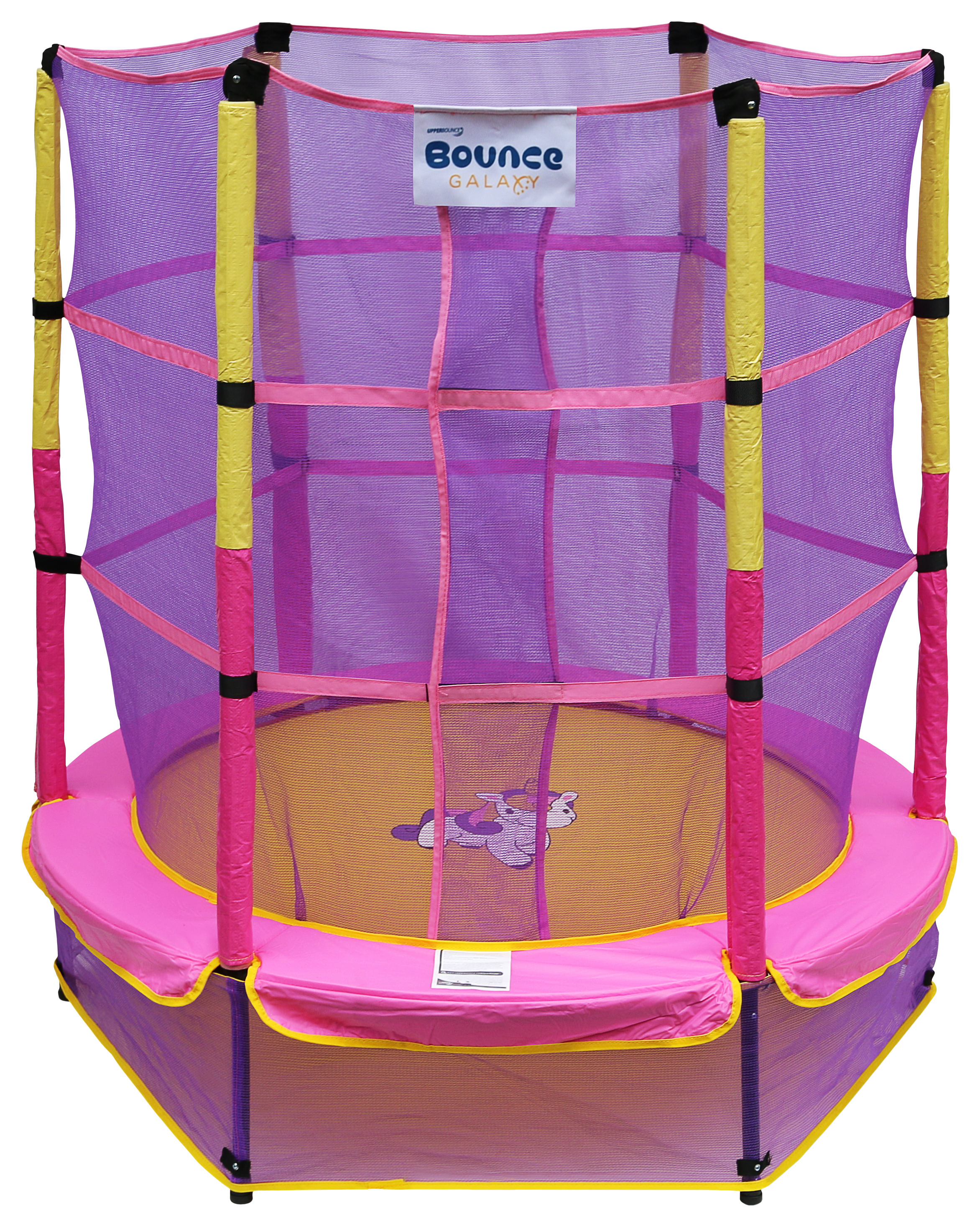 Image of Bounce Galaxy 60″ Spring-Free Enclosed Mini Trampoline with Safety Net Enclosure for Kids - Pink/Yellow