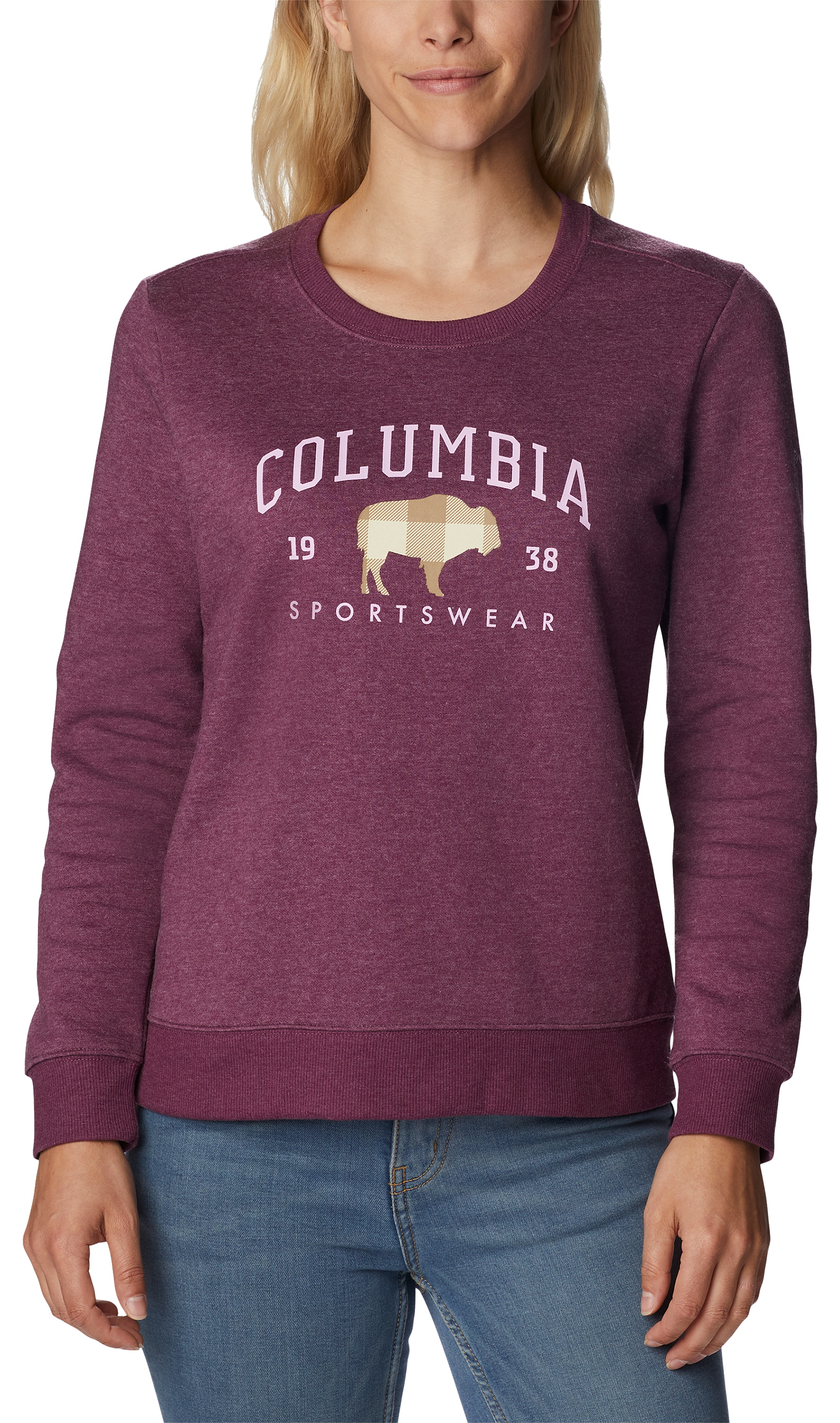 Image of Columbia Hart Mountain II Graphic Long-Sleeve Crew for Ladies - Marionberry Heather/CSC Arch - XL