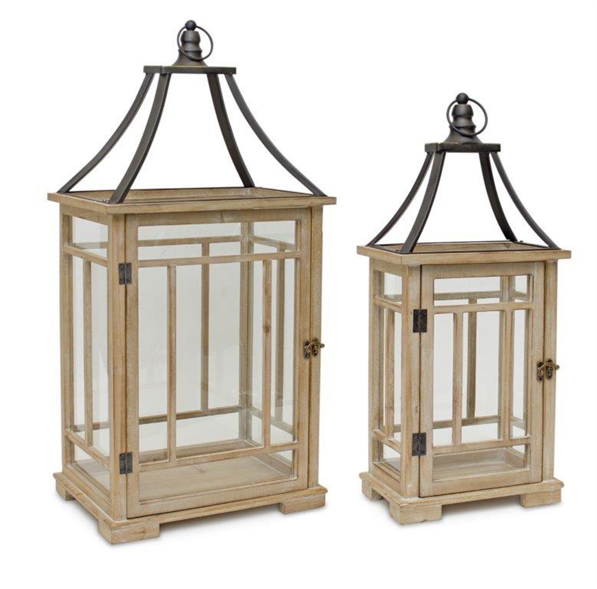 Image of Melrose International Tan Wood Lantern with Metal Top 2-Pack