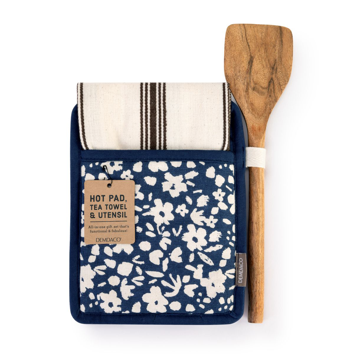 Demdaco Navy Floral Hot Pad &Towel with Spatula Set