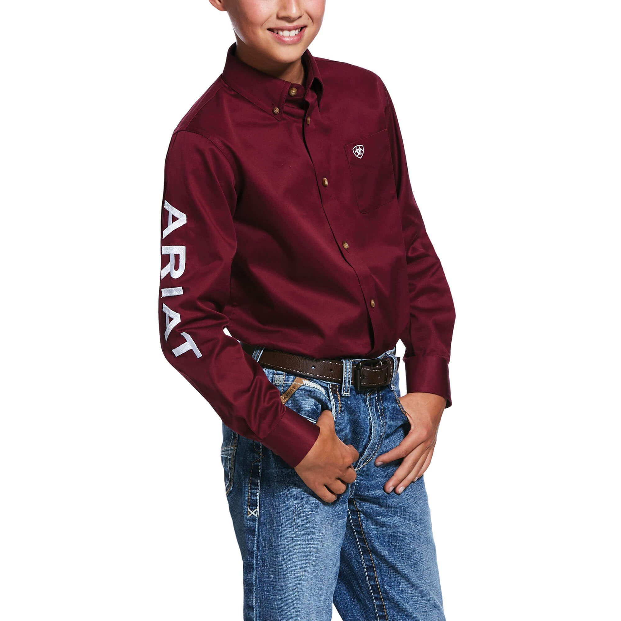 Ariat Team Logo Solid Twill Classic Fit Long-Sleeve Button-Down Shirt for Boys - Burgundy/White - XL - Ariat