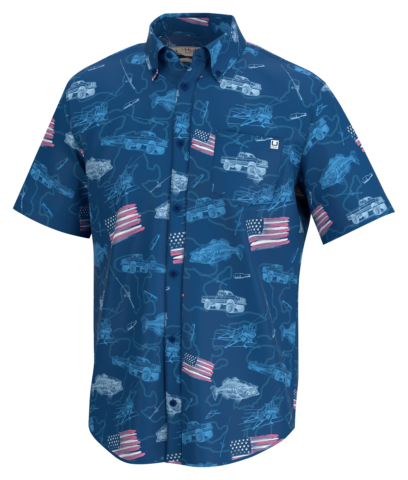 Huk Kona Fish and Flags Short-Sleeve Button-Down Shirt for Men - Set Sail - S - Huk
