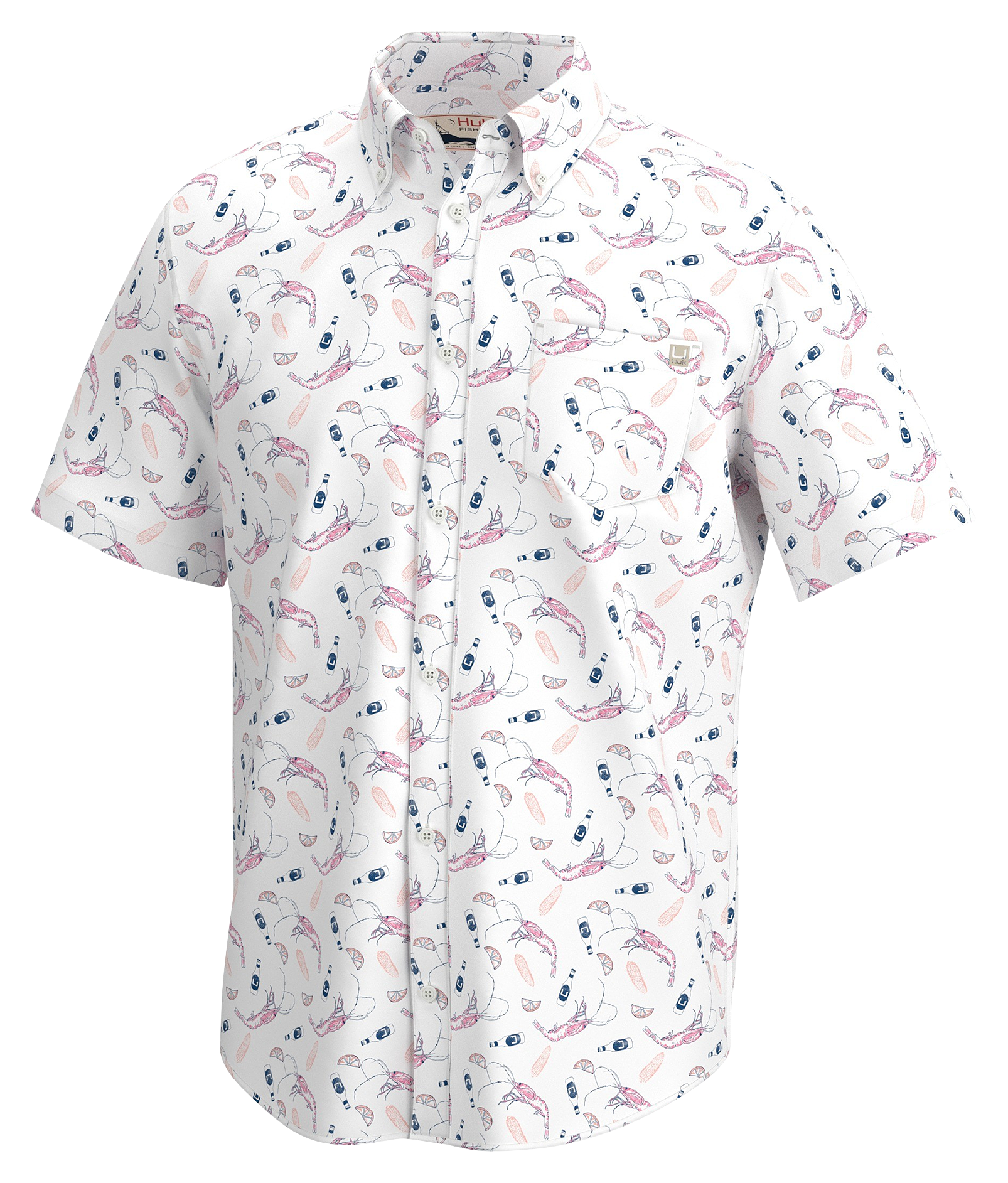 Huk Kona Shrimp Boil Short-Sleeve Button-Down Shirt for Men - White - 2XL - Huk