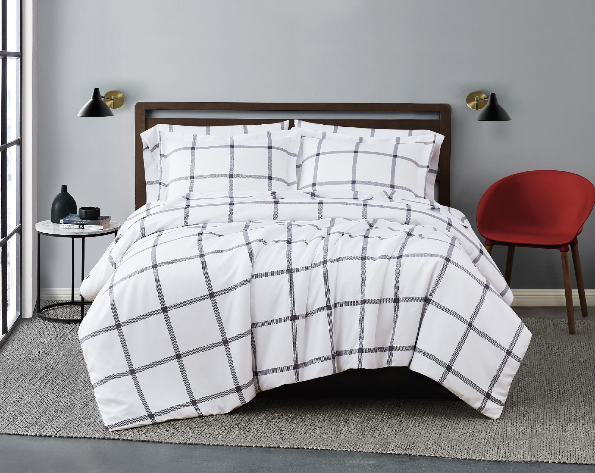 Image of Truly Soft Printed Windowpane Bedding Collection Duvet Cover Set - King - Printed Windowpane White/Charcoal Grey