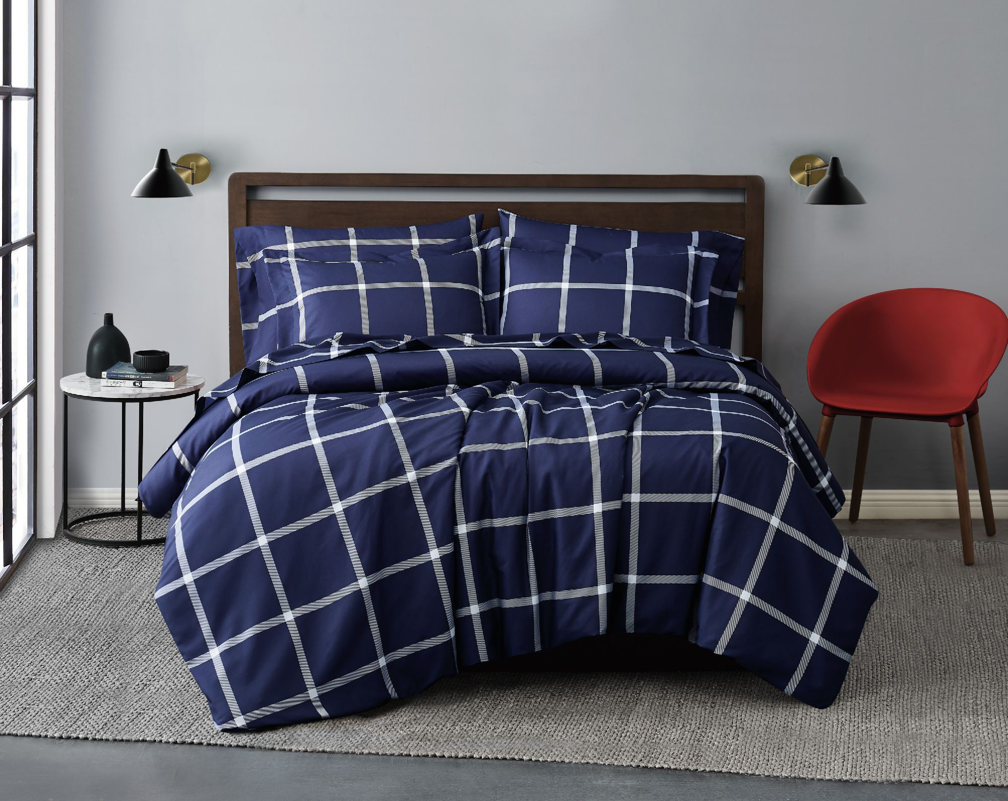 Truly Soft Printed Windowpane Bedding Collection Duvet Cover Set - King - Printed Windowpane White/Navy