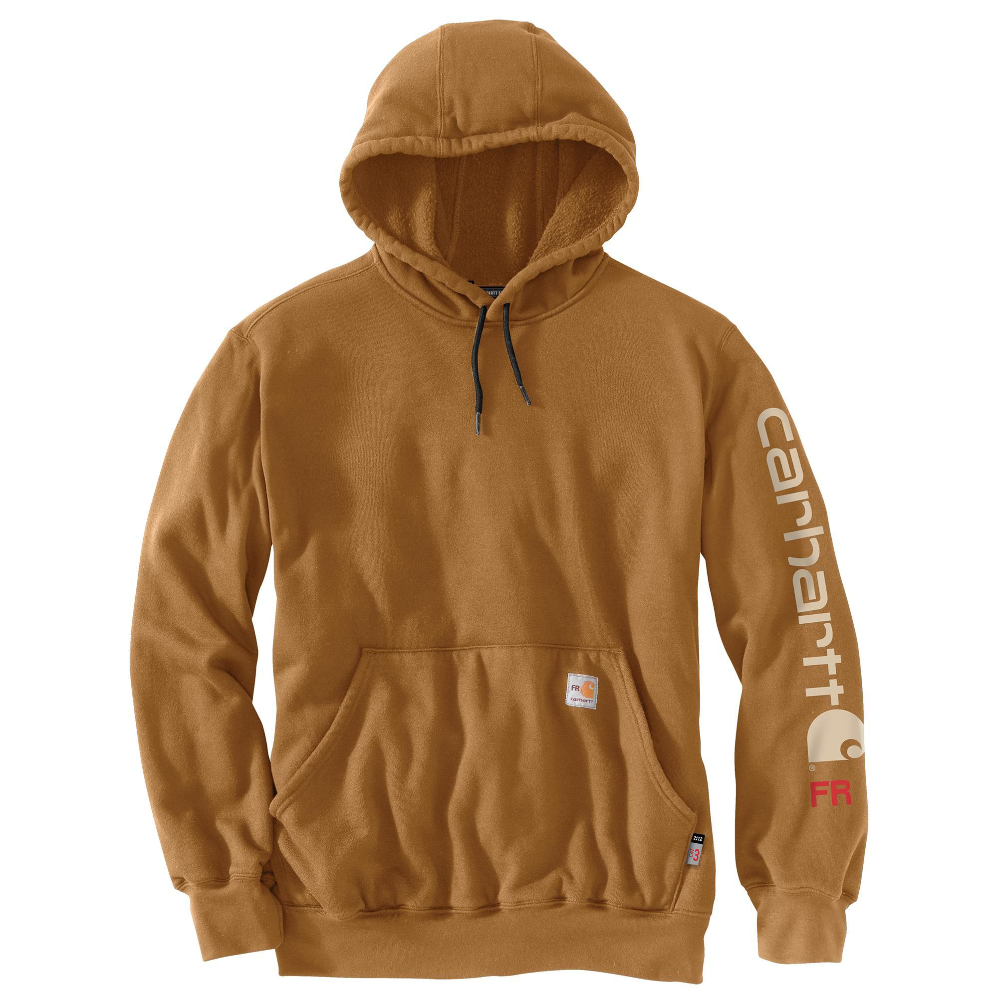 Image of Carhartt Force Flame-Resistant Loose-Fit Midweight Logo Graphic Long-Sleeve Hoodie for Men - Carhartt Brown - M