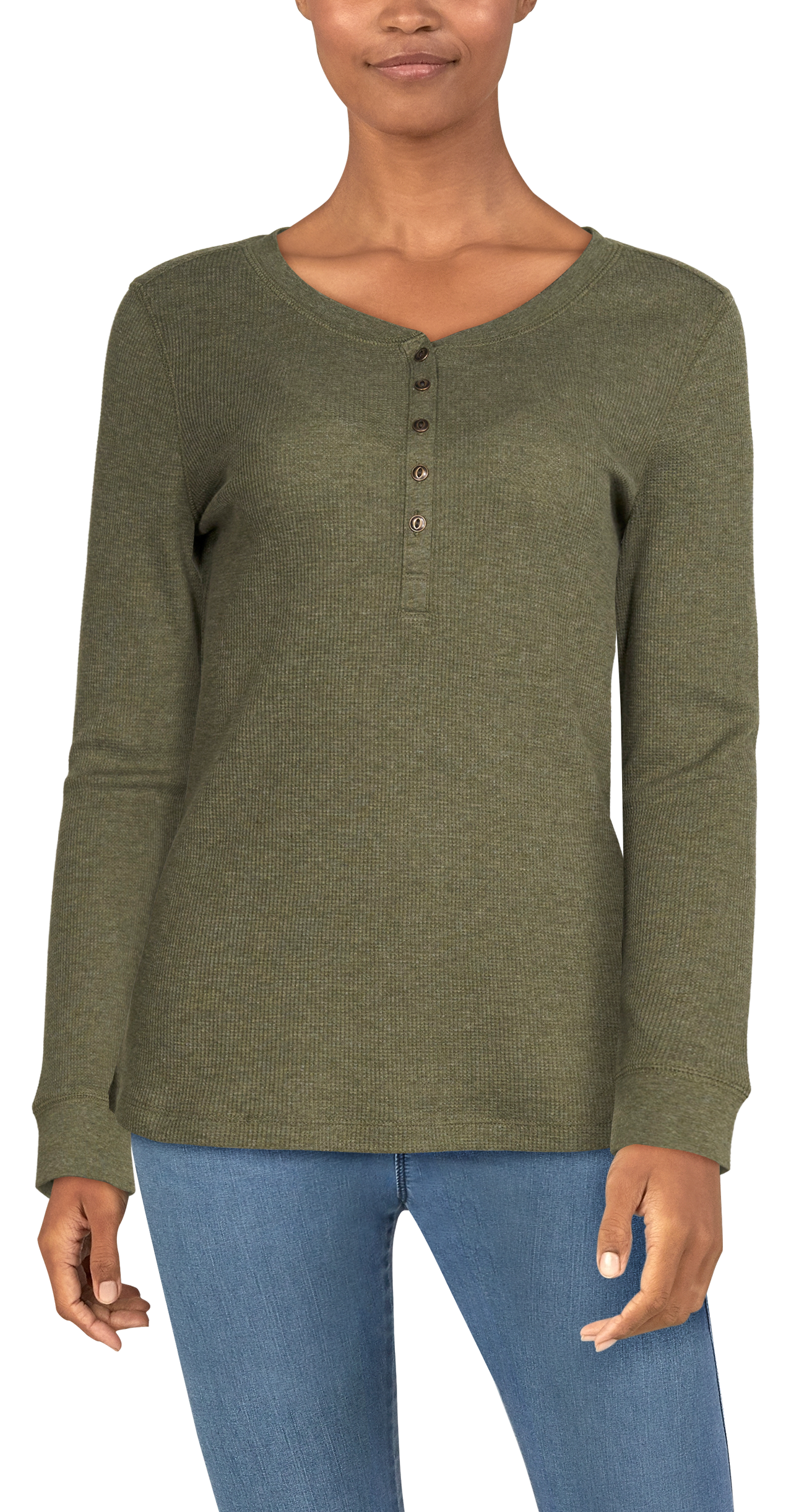 Image of Natural Reflections Thermal Long-Sleeve Henley for Ladies - Olive Heather - M