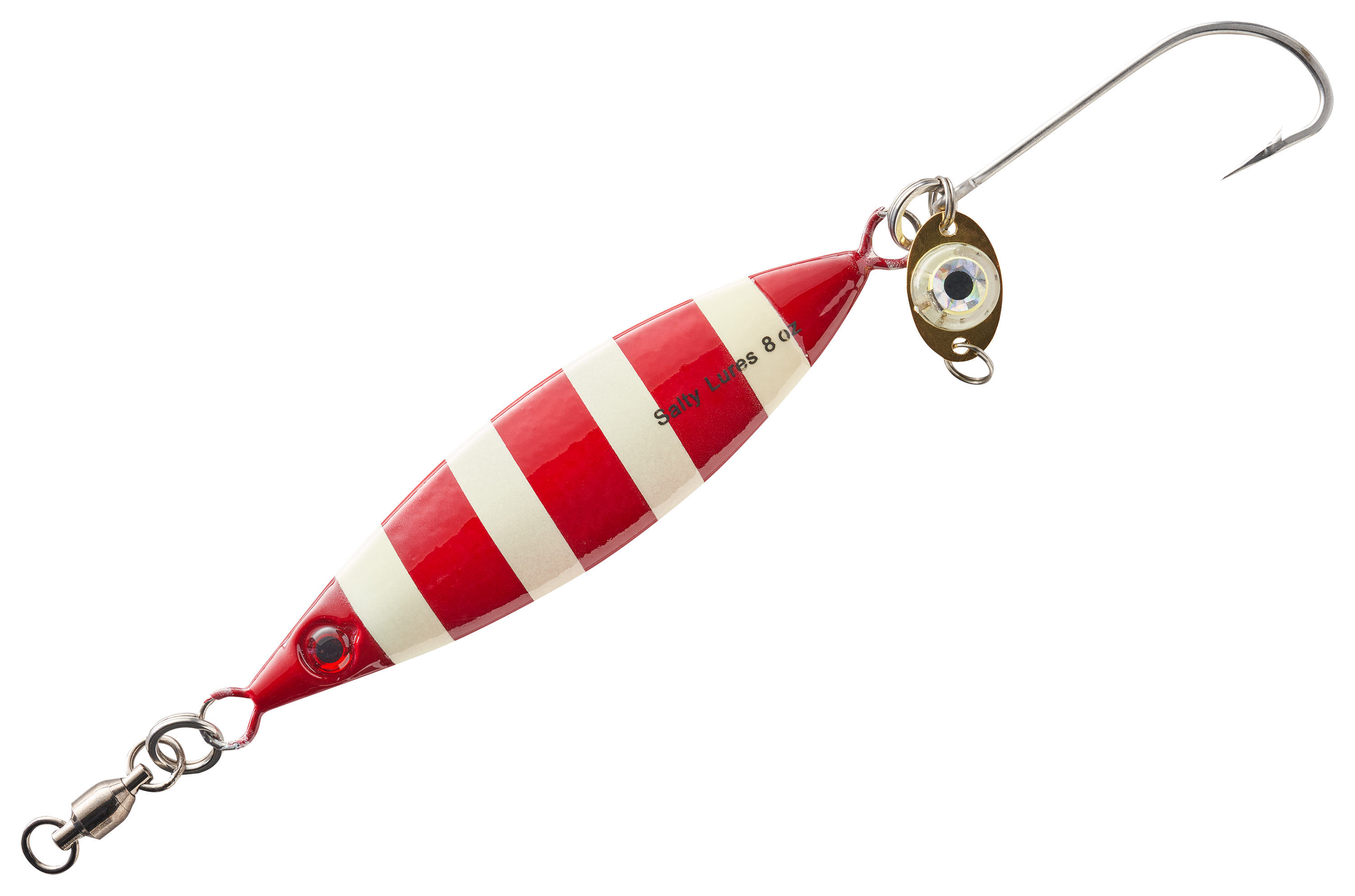 Image of Salty Lures Jigging Spoon with Auto LED Light - Red-Lumin Stripe - 6″ - 8 oz.