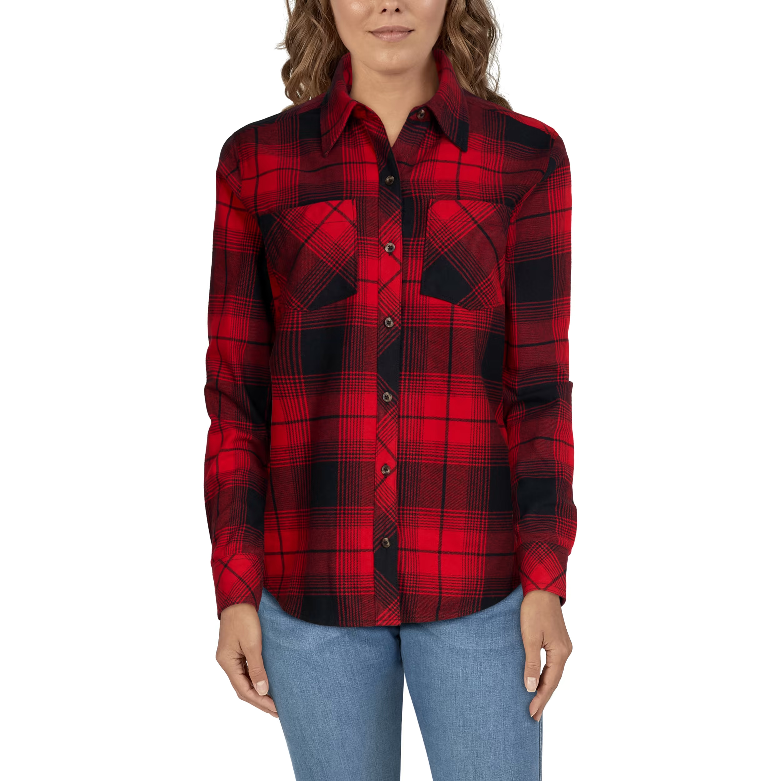 Natural Reflections Flannel Button-Down Long-Sleeve Shirt for Ladies - Salsa Red Plaid - S