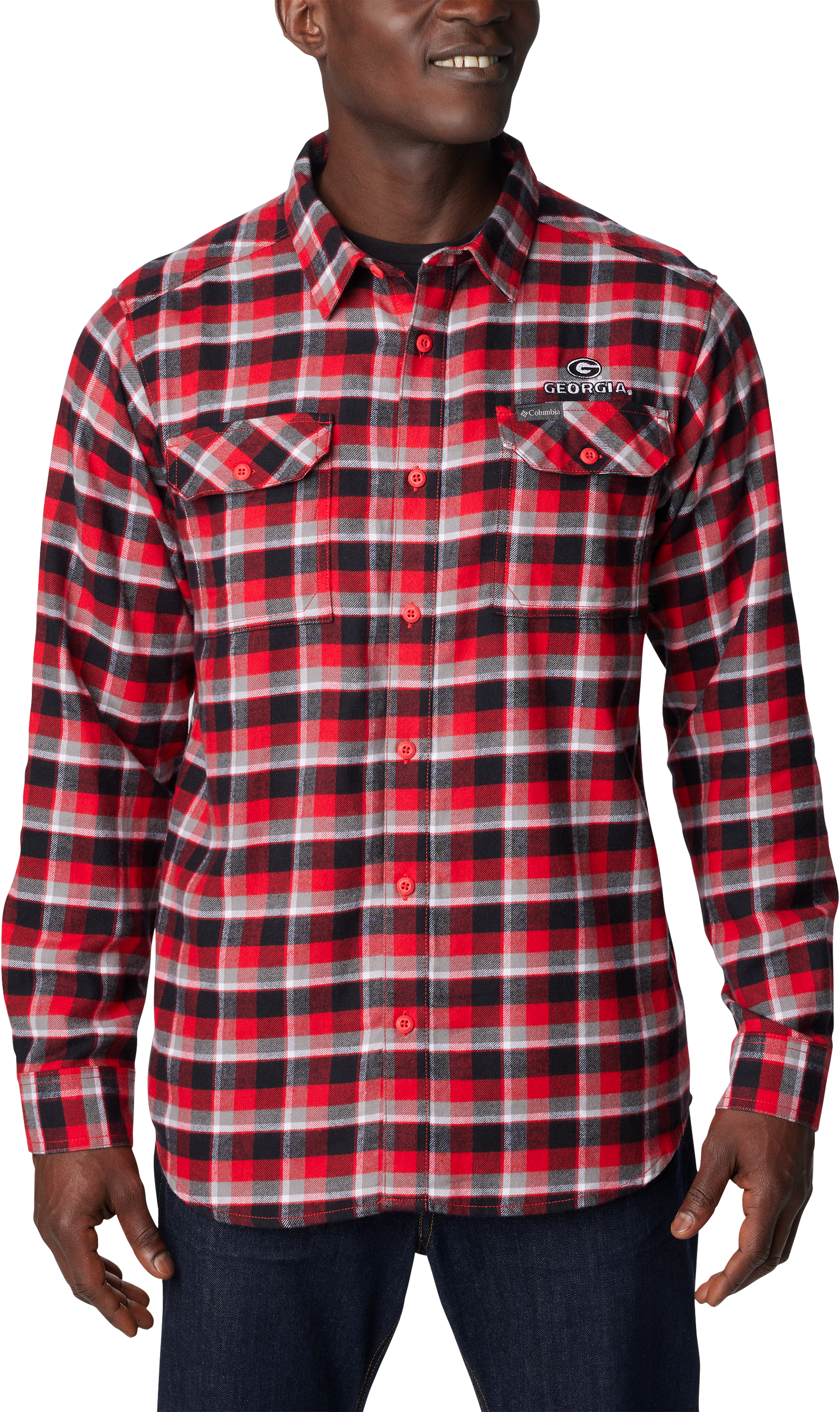 Columbia Collegiate Flare Gun Flannel Long-Sleeve Shirt for Men - University of Georgia/Bright Red Plaid - XL - Columbia