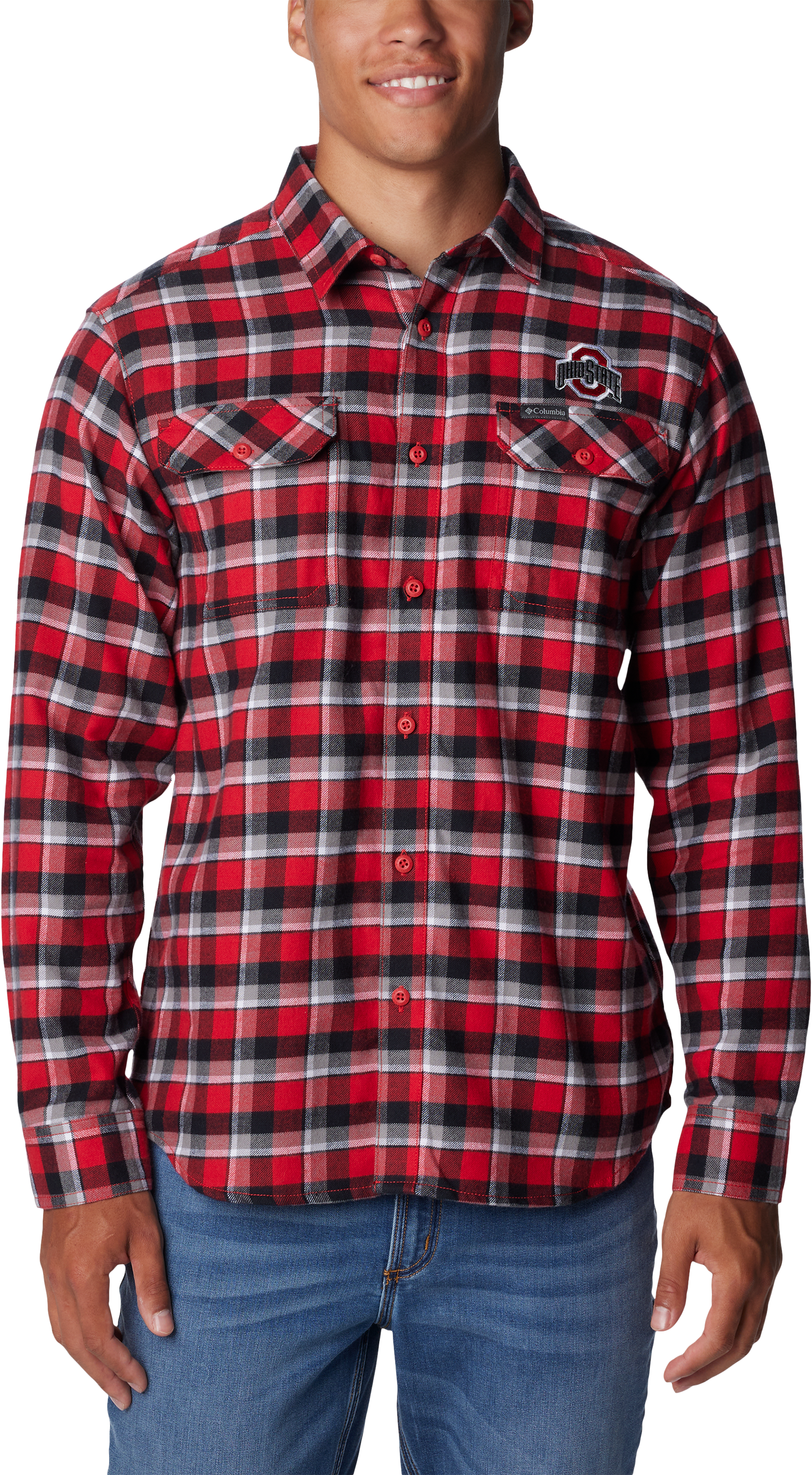 Columbia Collegiate Flare Gun Flannel Long-Sleeve Button-Down Shirt for Men - Ohio State University/Intense Red Plaid - L - Columbia