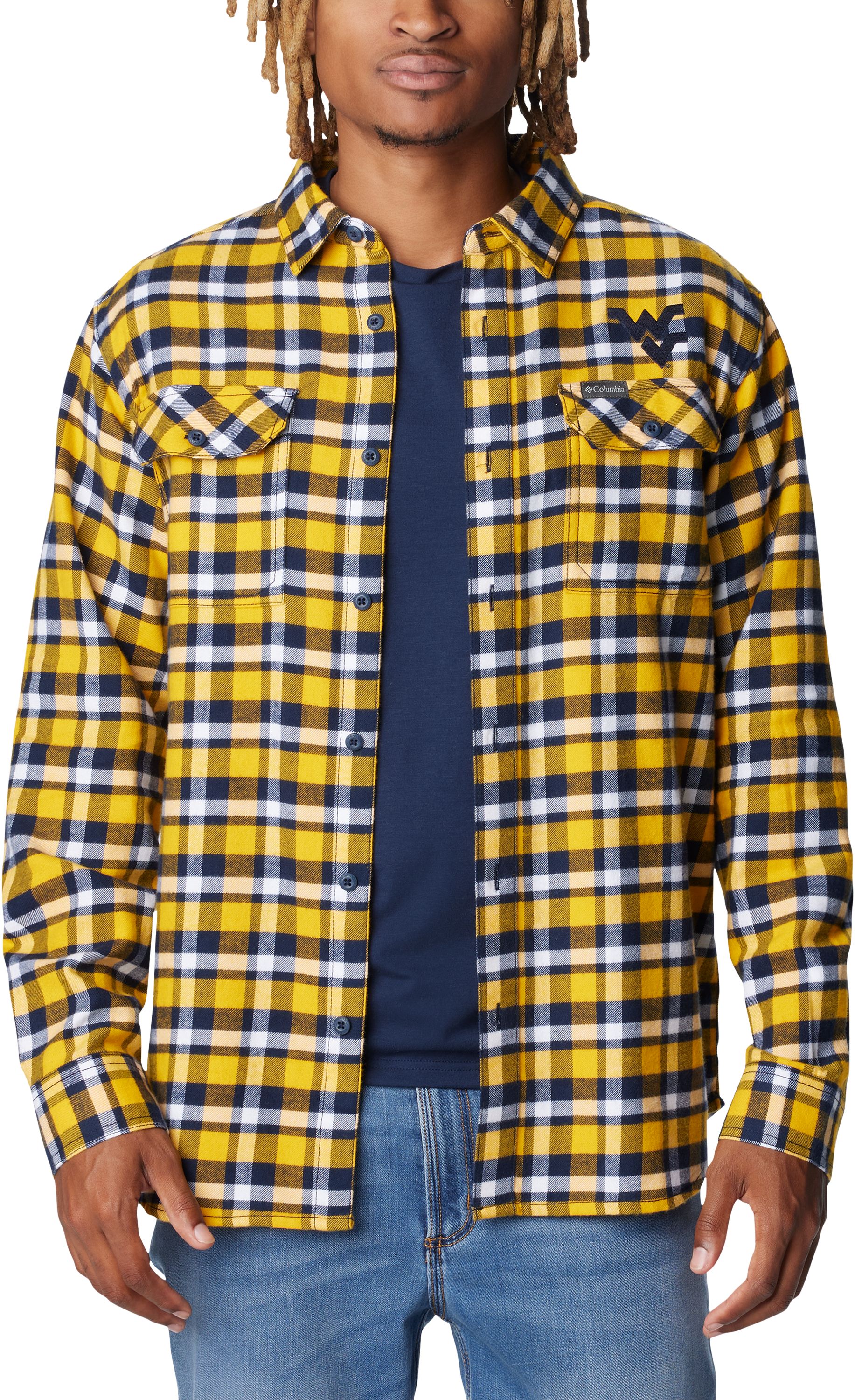 Columbia Collegiate Flare Gun Flannel Long-Sleeve Button-Down Shirt for Men - West Virginia University/MLB Gold Plaid - 2XL - Columbia