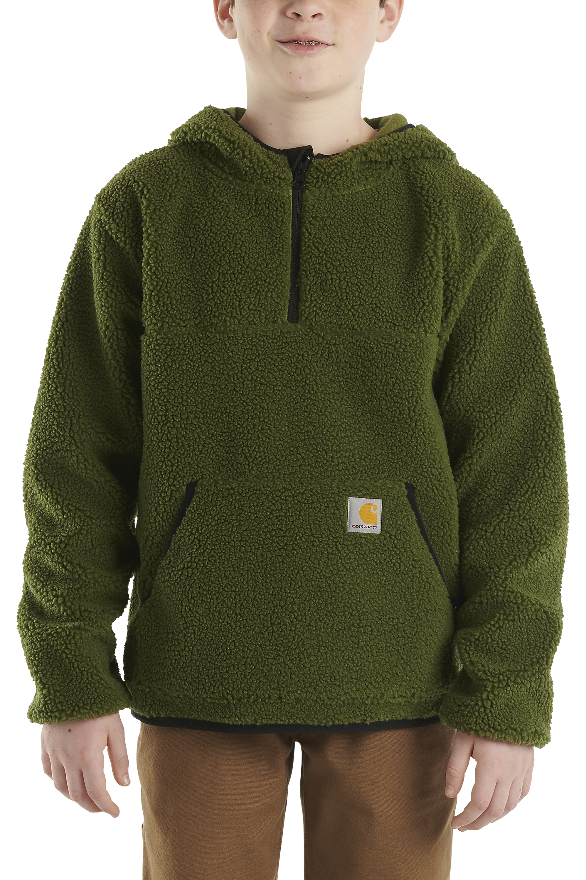 Image of Carhartt Fleece Hooded Half-Zip Long-Sleeve Hoodie for Kids - Chive - L