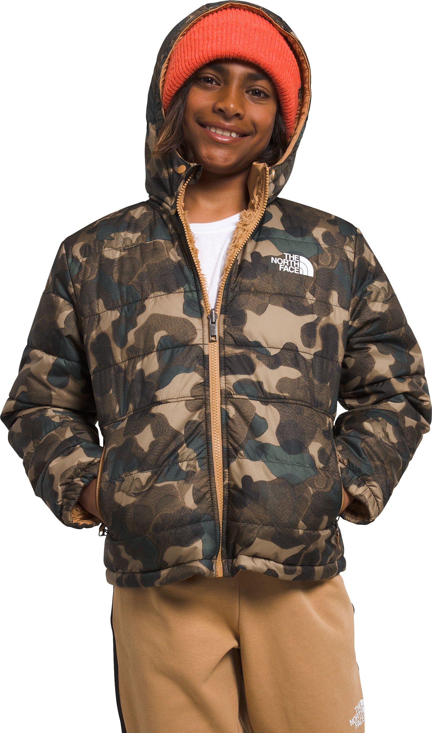 Image of The North Face Reversible Mount Chimbo Full-Zip Hooded Jacket for Boys - Utility Brown Camo Texture Print - S