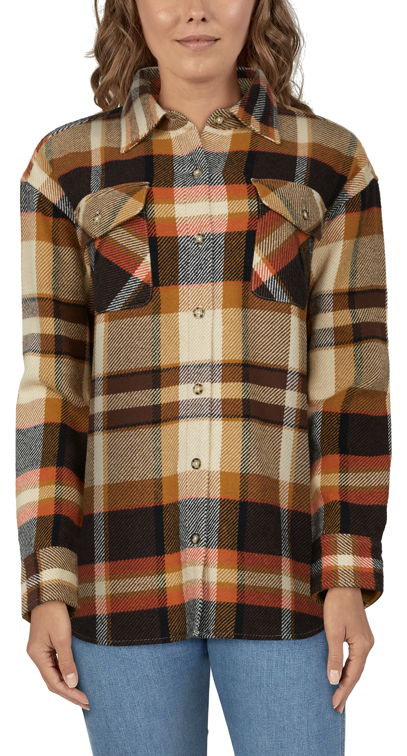 Image of Natural Reflections Fireside Flannel Button-Down Long-Sleeve Shirt for Ladies - Chestnut Plaid - XL