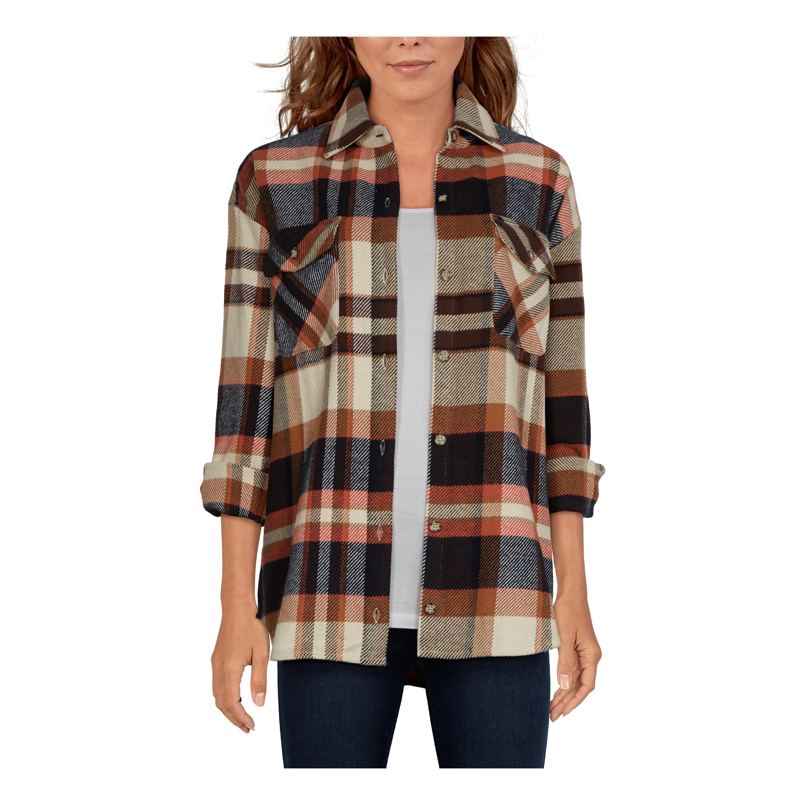 Image of Natural Reflections Fireside Flannel Button-Down Long-Sleeve Shirt for Ladies - Chestnut Plaid - 2X