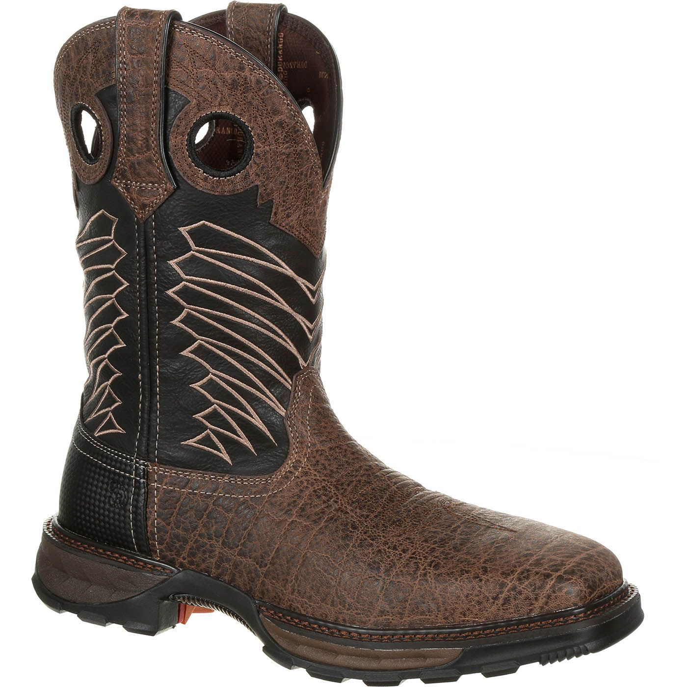 Durango Maverick XP Steel-Toe Waterproof Pull-On Western Work Boots for Men - Chocolate Safari/Elephant Black - 10.5M