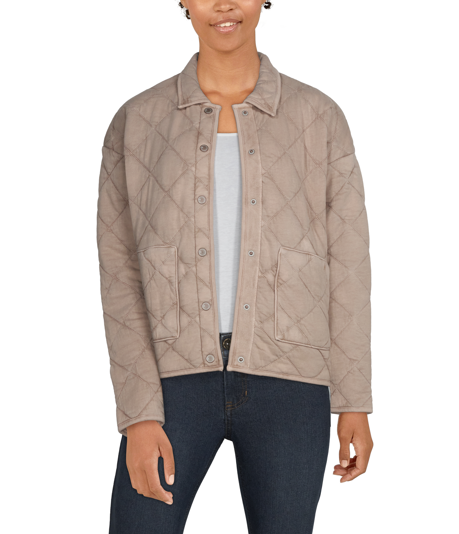 Image of Natural Reflections Diamond Pattern Quilted Bomber Jacket for Ladies - Light Taupe - XL