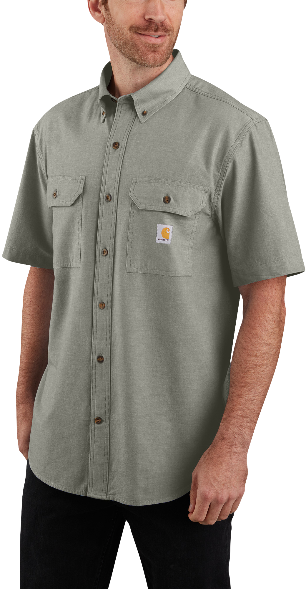 Image of Carhartt Loose-Fit Midweight Chambray Short-Sleeve Shirt for Men - Dusty Olive - L