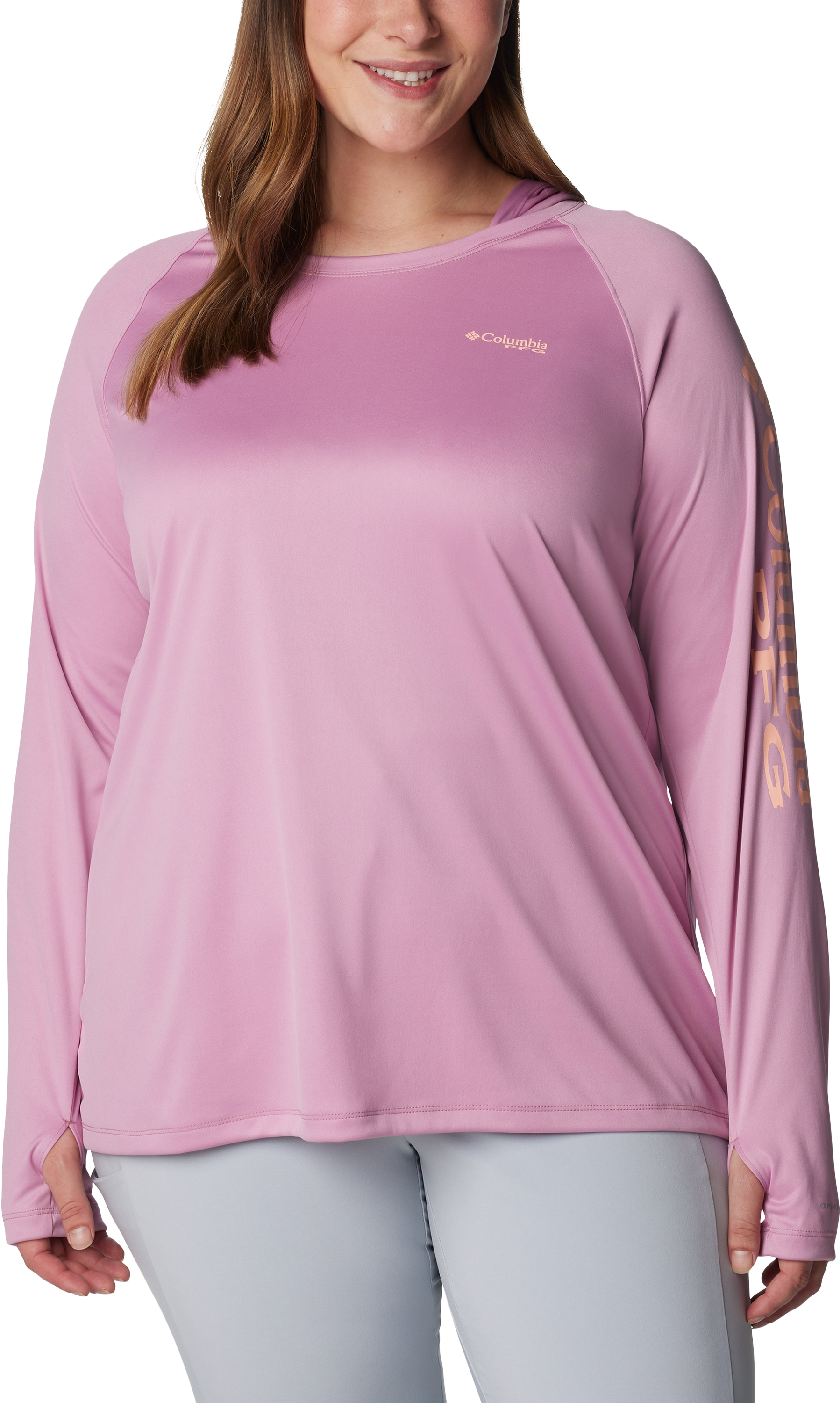 Columbia PFG Tidal Tee Long-Sleeve Hoodie for Ladies - Minuet/Tiki Pink - 1X