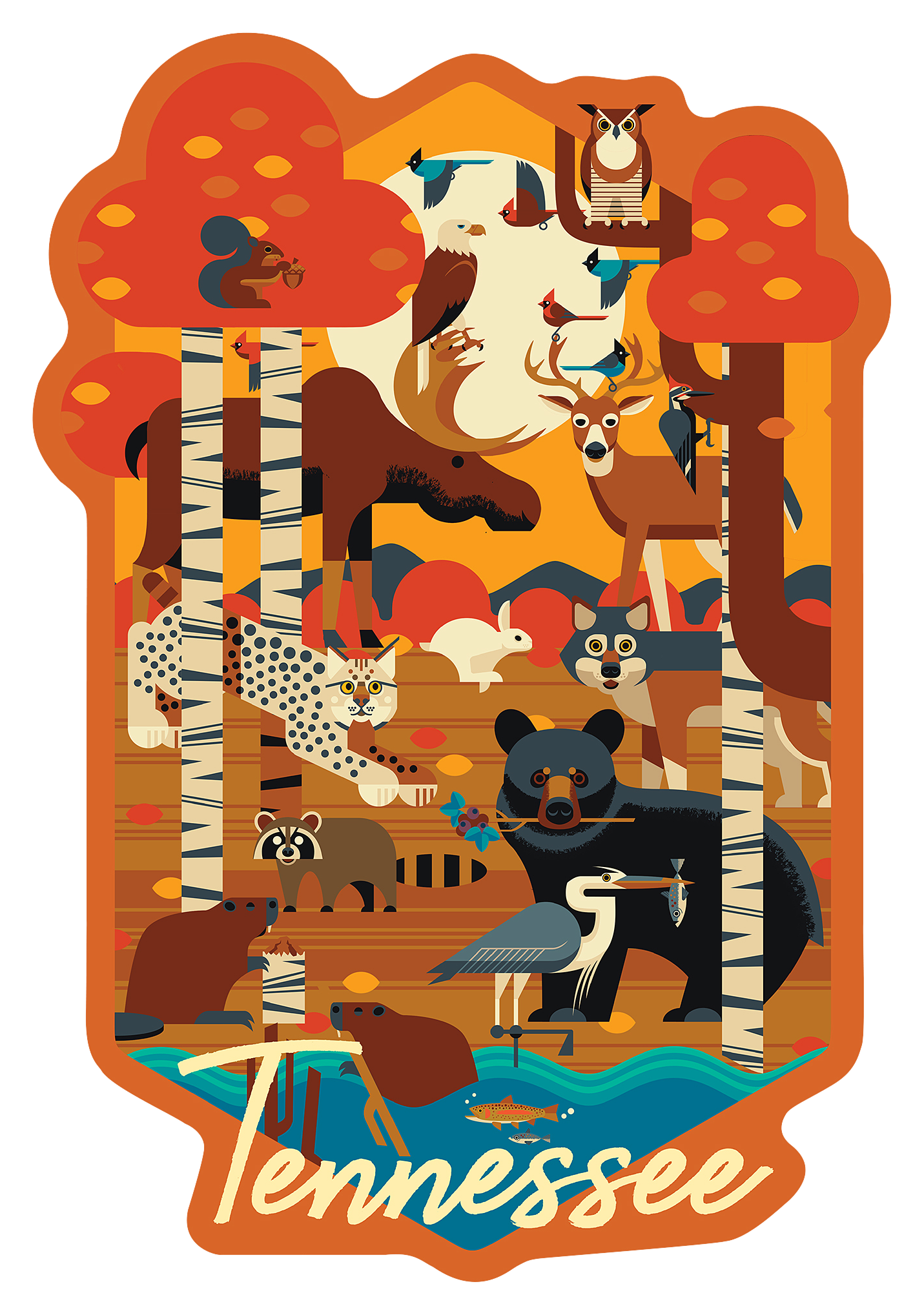Lantern Press Tennessee Wildlife Art Deco Die-Cut Sticker