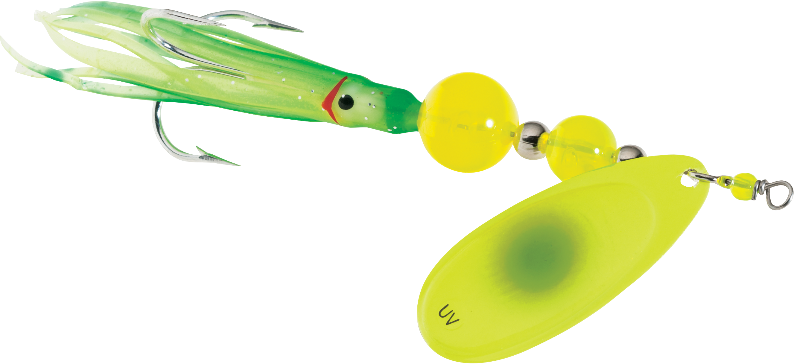 Image of Yakima Bait Flash Glo UV Squid Trolling Spinner - 4″ - Chartreuse/Green Dot