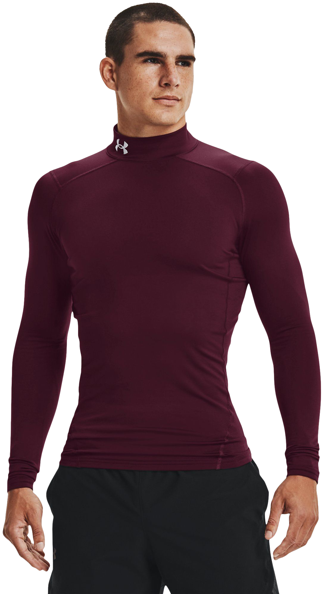 Image of Under Armour ColdGear Armour Compression Base-Layer Long-Sleeve Shirt for Men - Maroon/White - LT